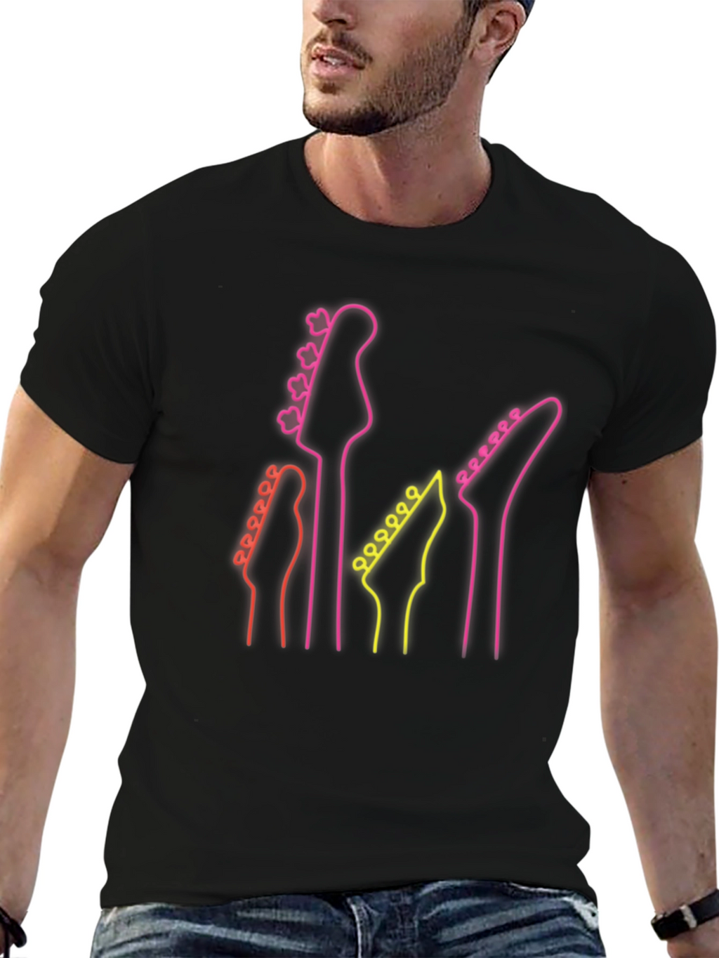 Neon Guitar Headstock T-Shirt - Music Lover Tee