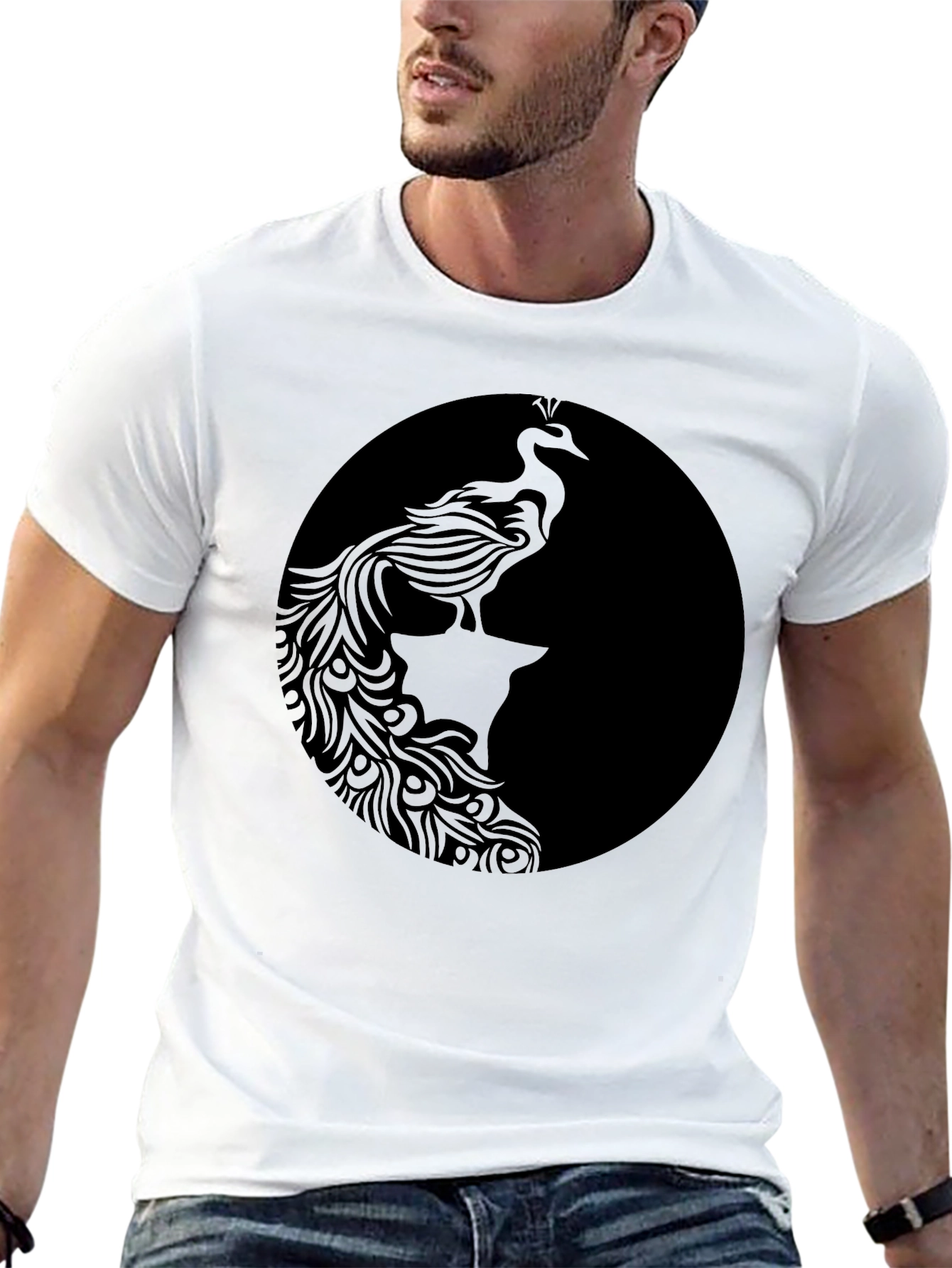 Black Graphic Tee - Elegant Peacock Design