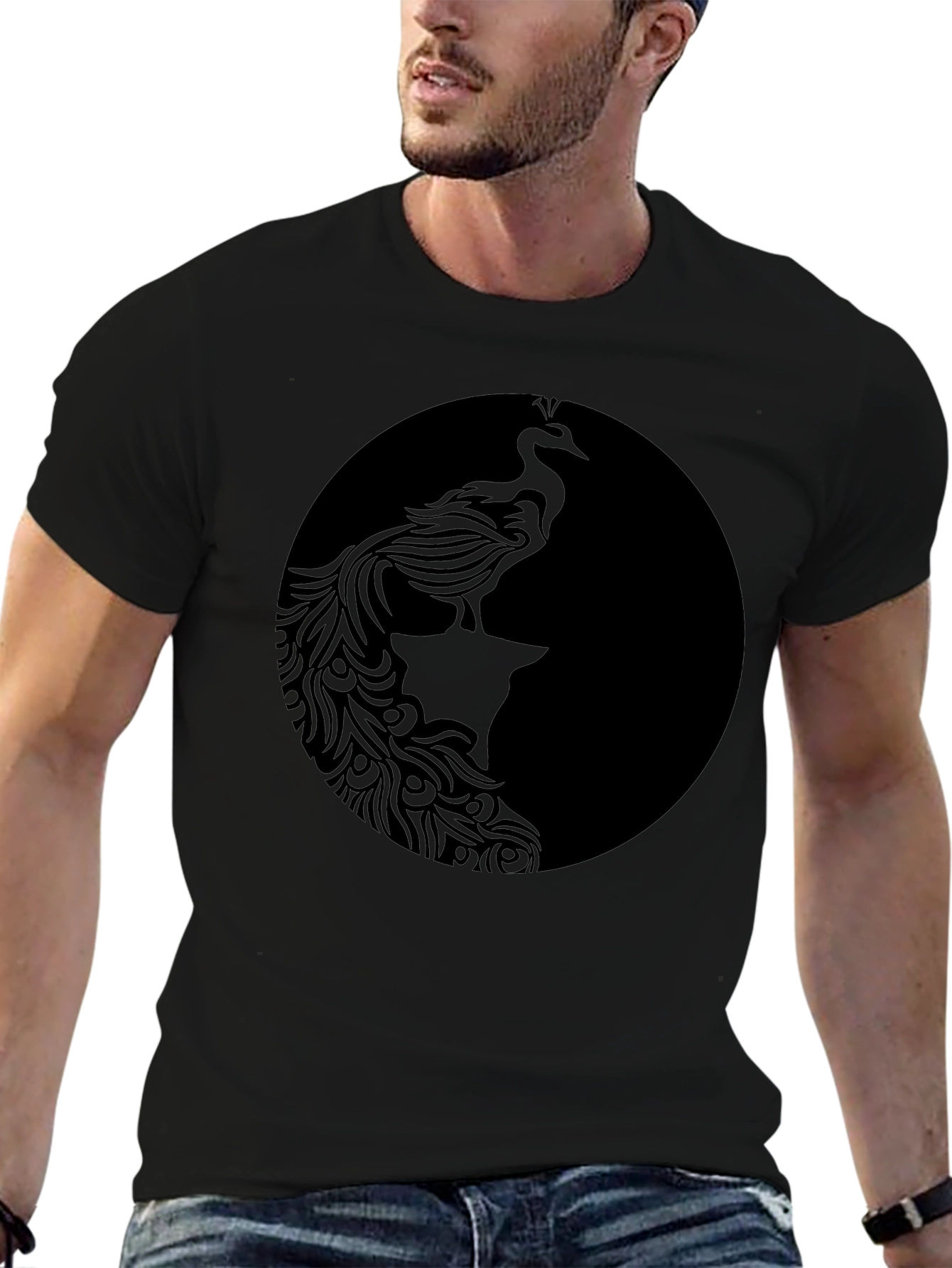 Black Graphic Tee - Elegant Peacock Design