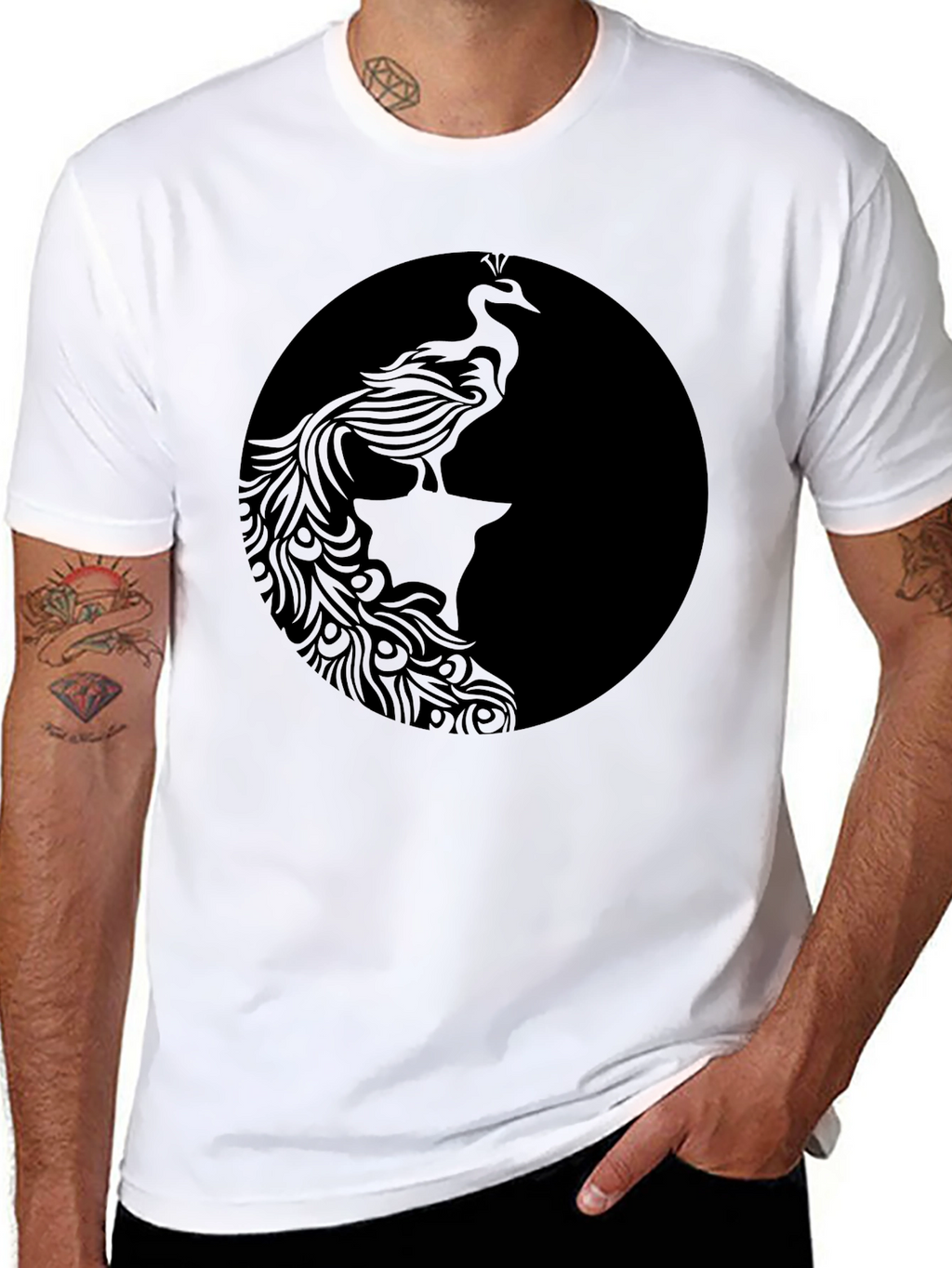 Black Graphic Tee - Elegant Peacock Design