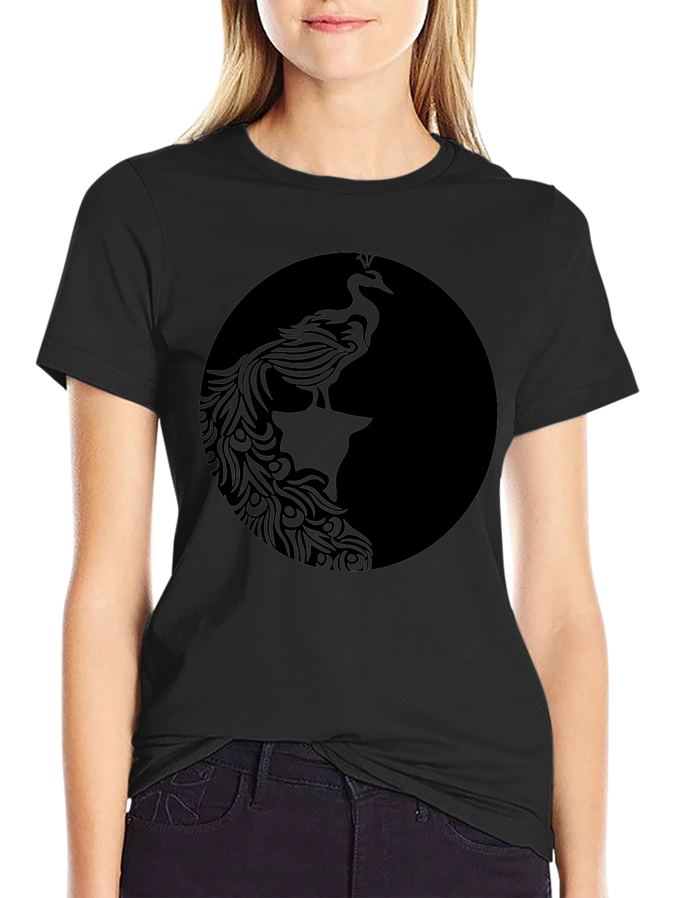 Black Graphic Tee - Elegant Peacock Design