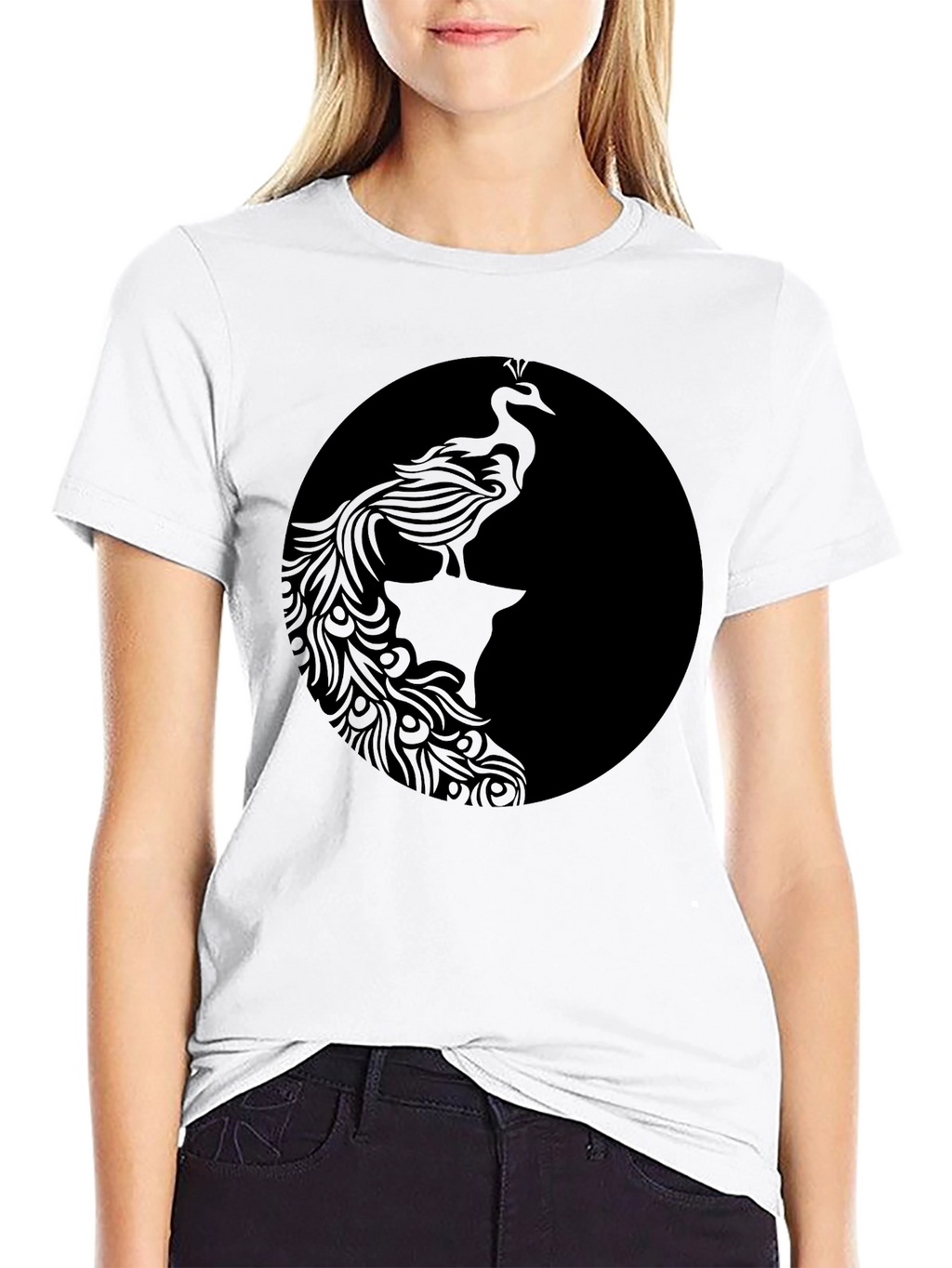 Black Graphic Tee - Elegant Peacock Design