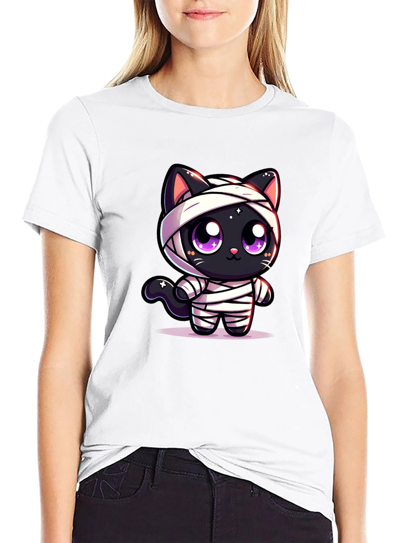 Cute Mummy Cat Graphic T-Shirt - Halloween Style