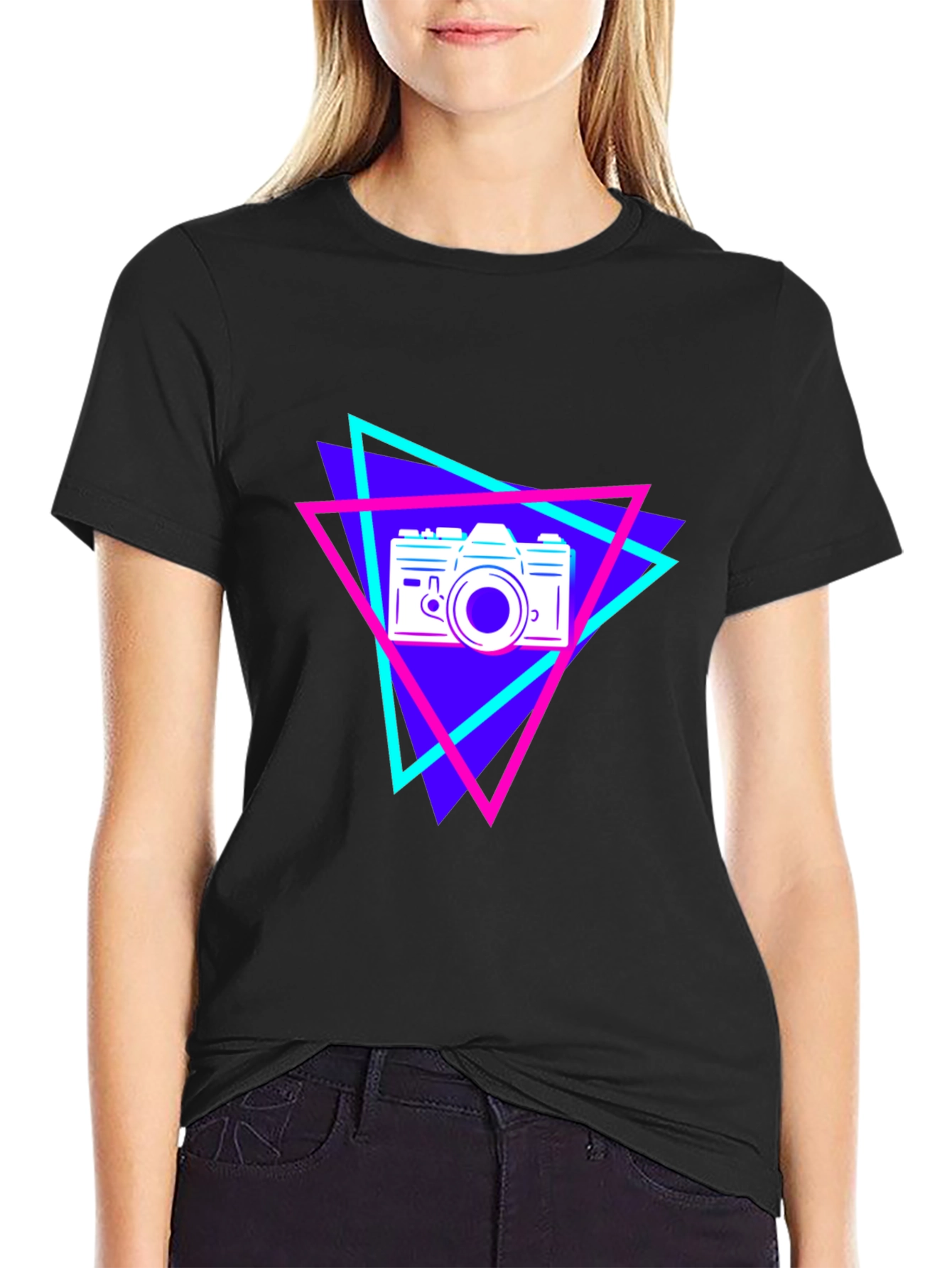 Retro Camera Graphic Tee - Black Cotton T-Shirt