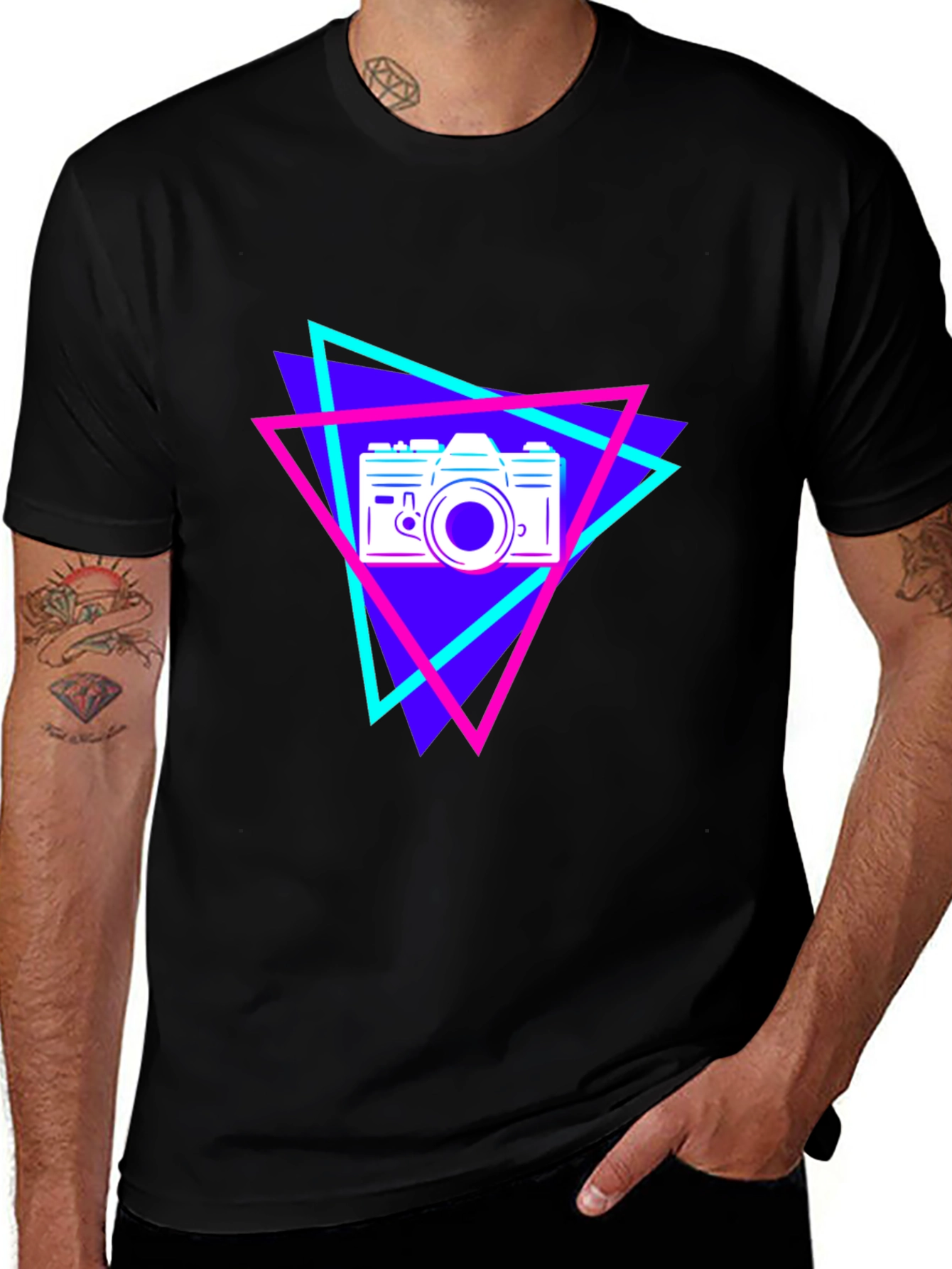 Retro Camera Graphic Tee - Black Cotton T-Shirt