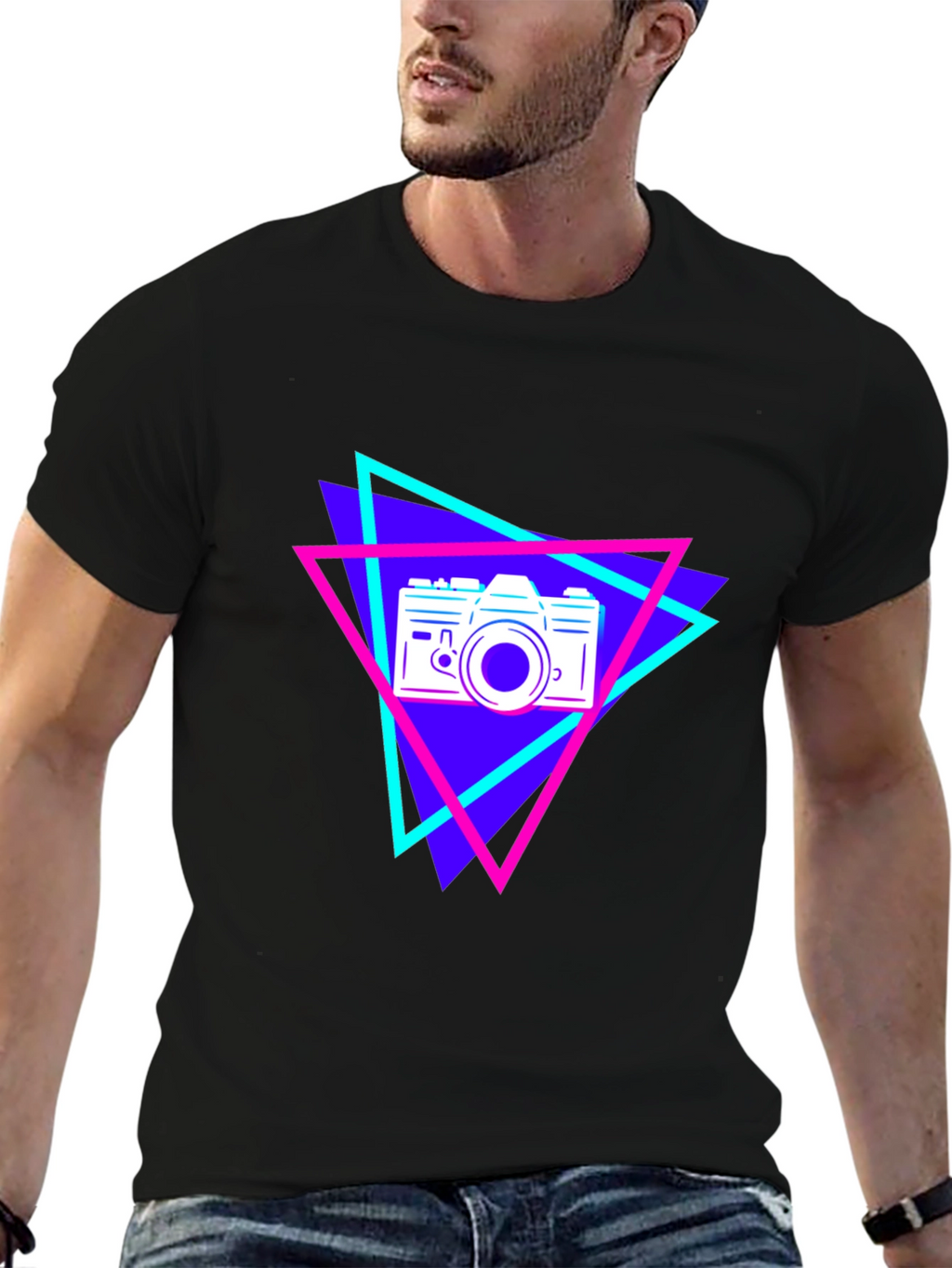 Retro Camera Graphic Tee - Black Cotton T-Shirt