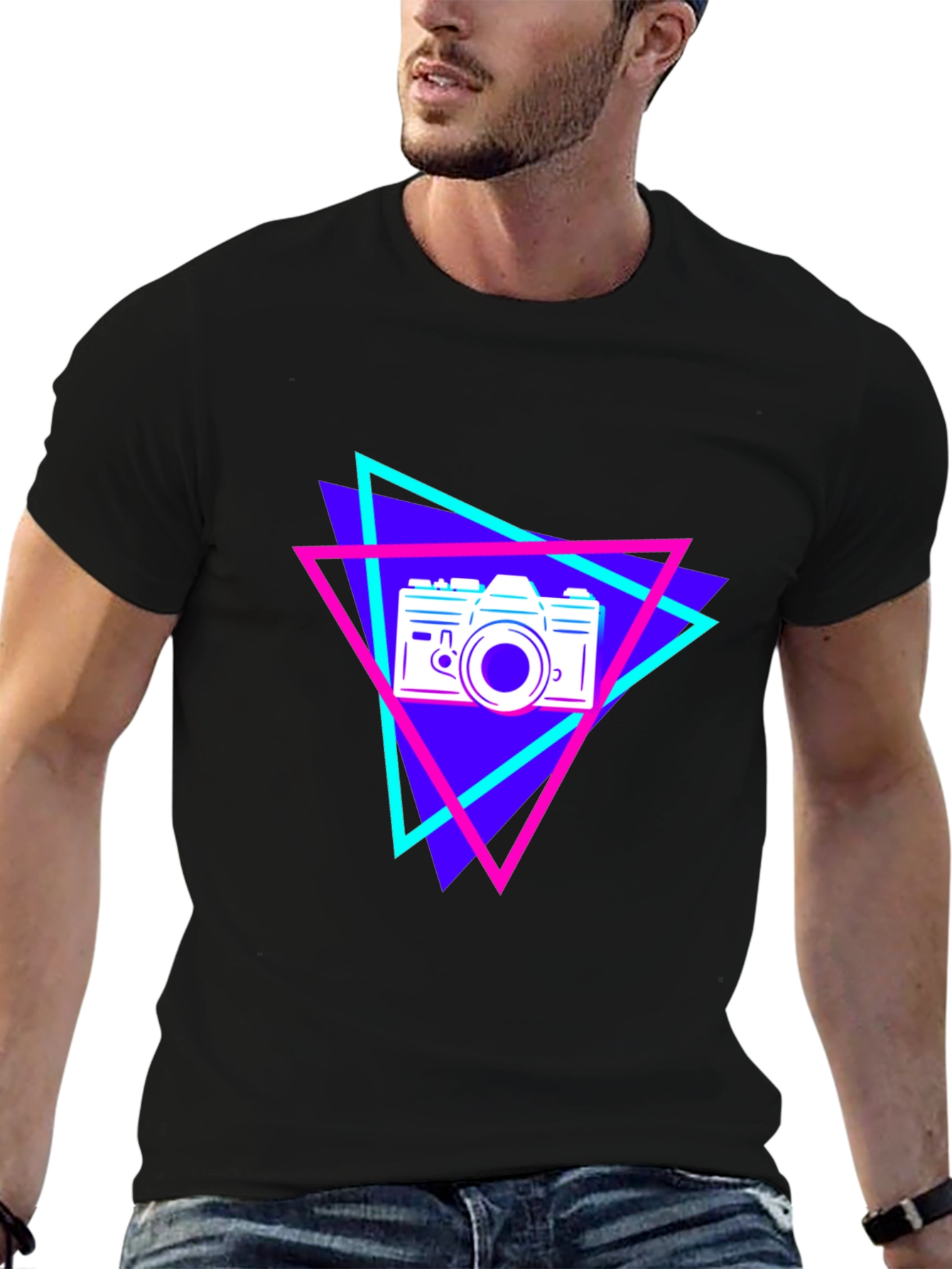 Retro Camera Graphic Tee - Black Cotton T-Shirt