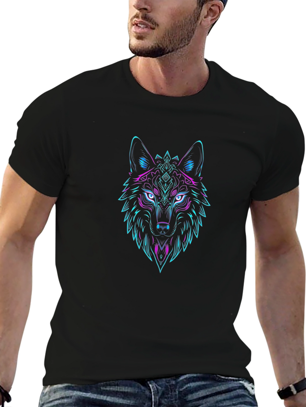 Neon Wolf Graphic Tee - Stylish Black T-Shirt