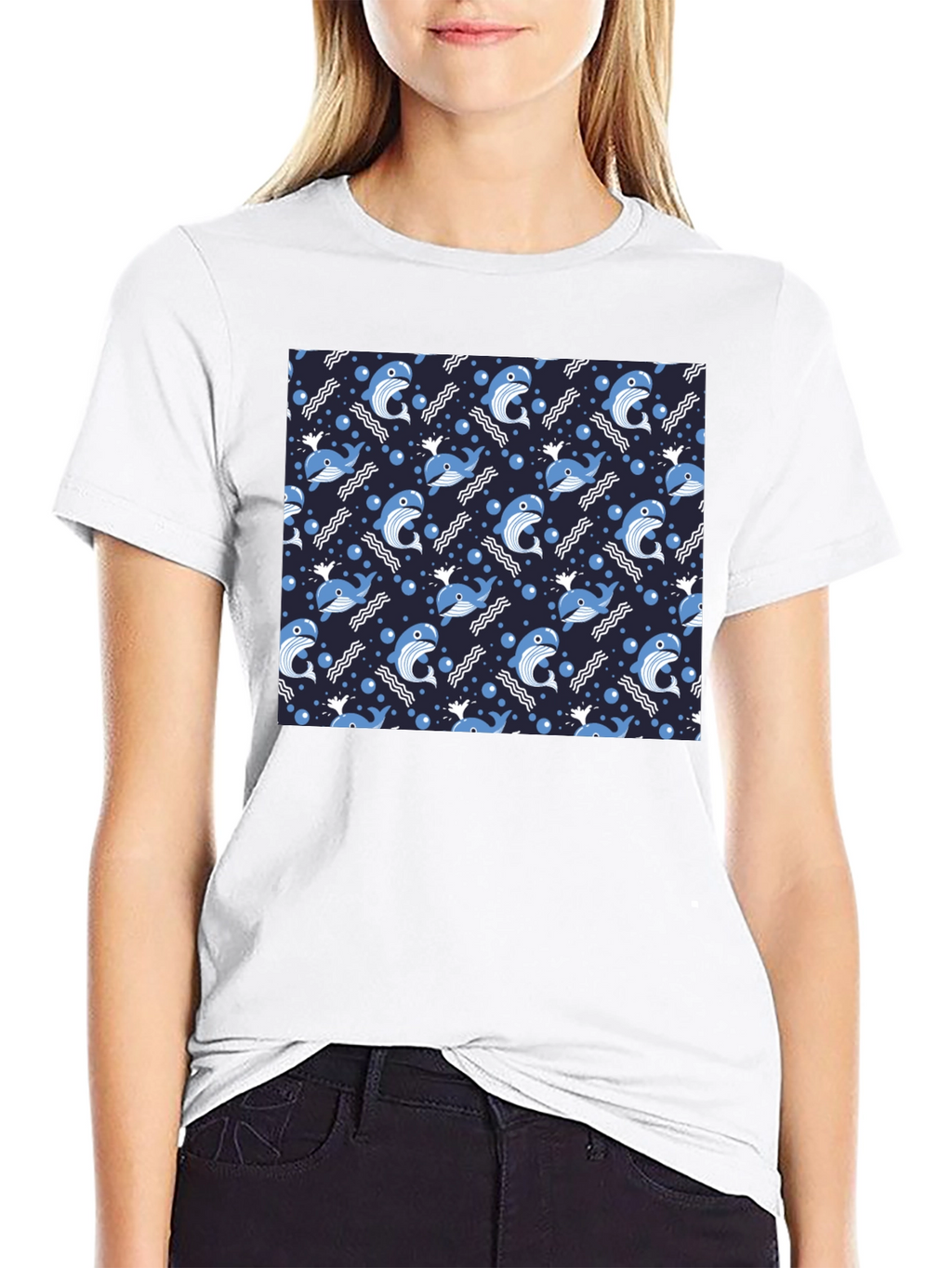 Whale Pattern Black T-Shirt