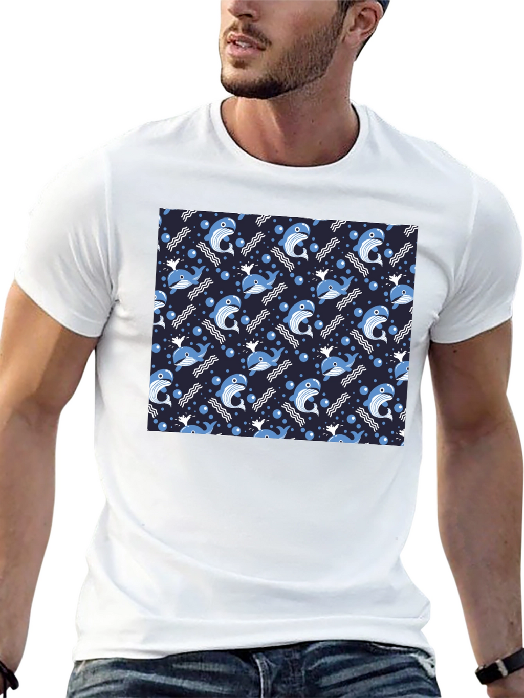 Whale Pattern Black T-Shirt