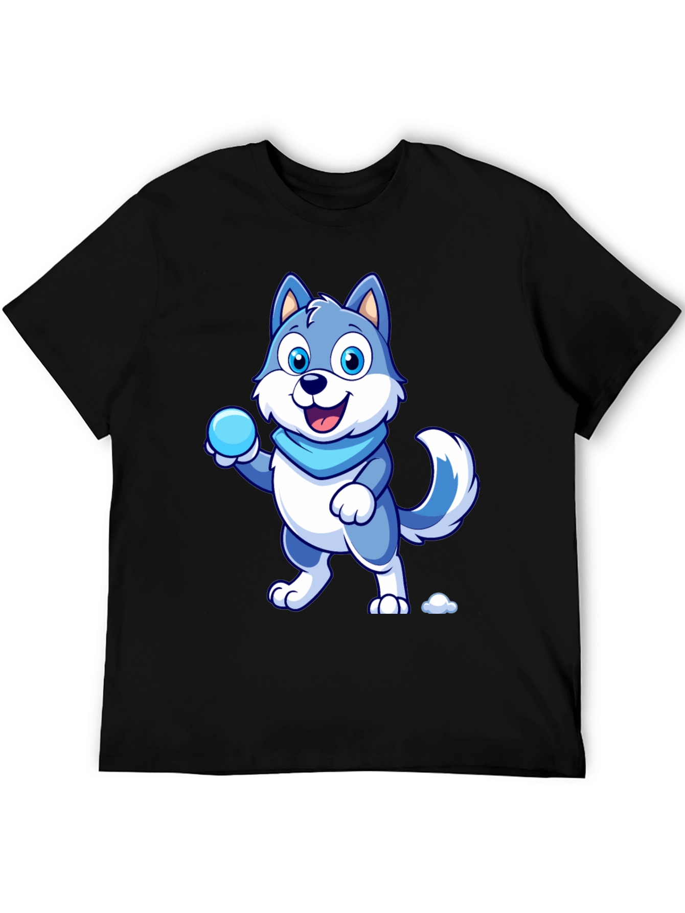Cartoon Wolf Graphic Tee - Blue & White Design