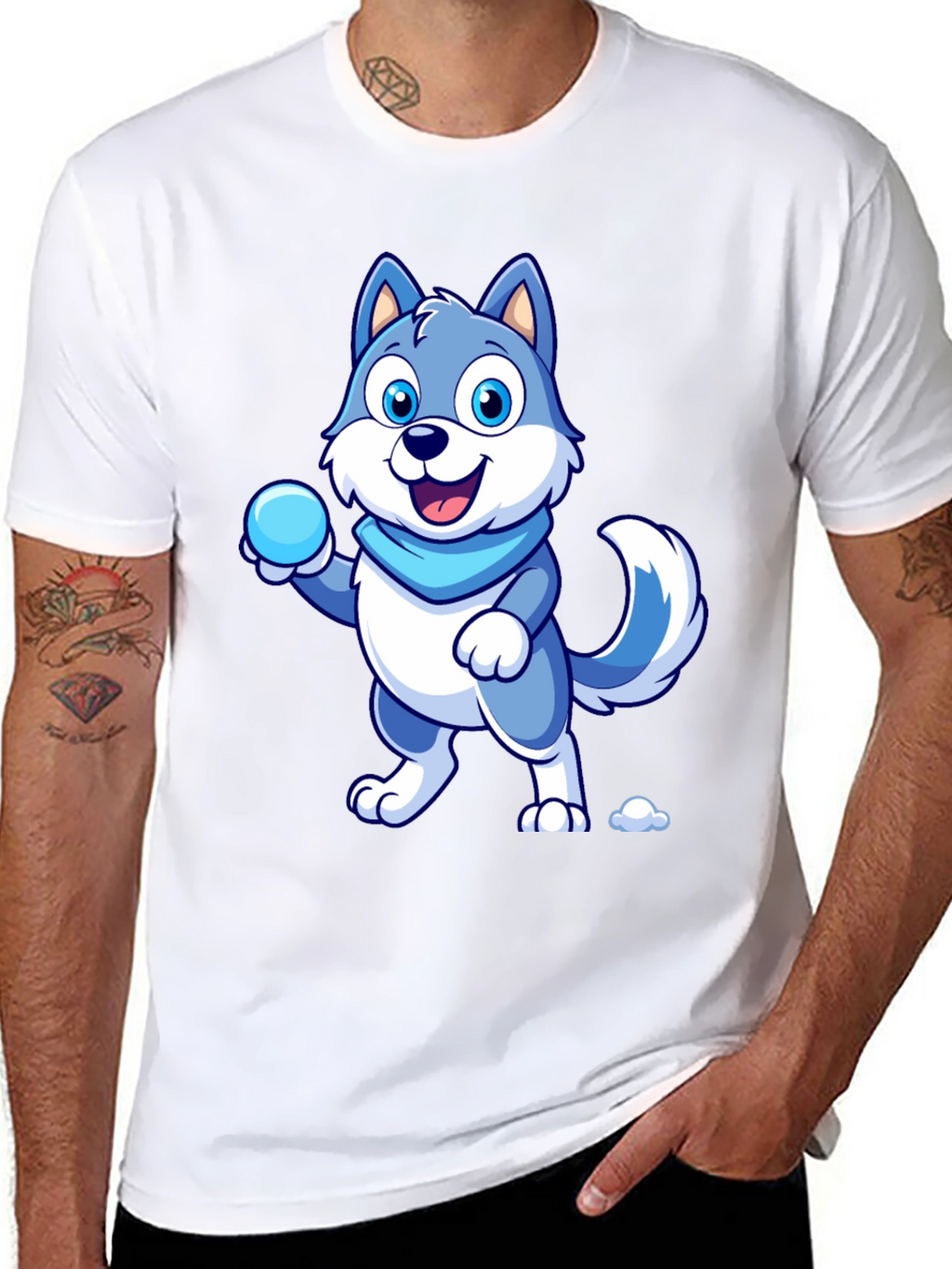 Cartoon Wolf Graphic Tee - Blue & White Design