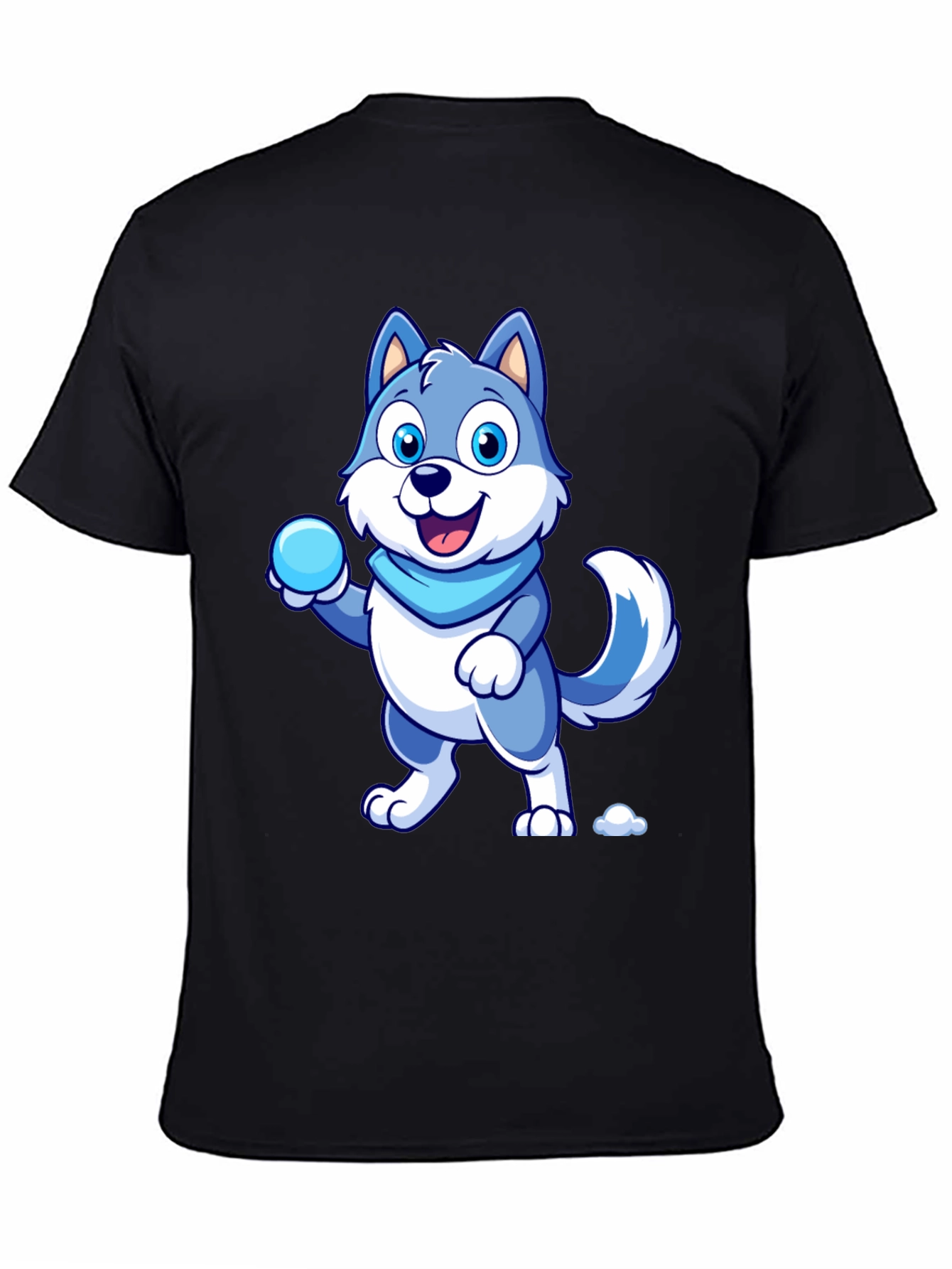 Cartoon Wolf Graphic Tee - Blue & White Design