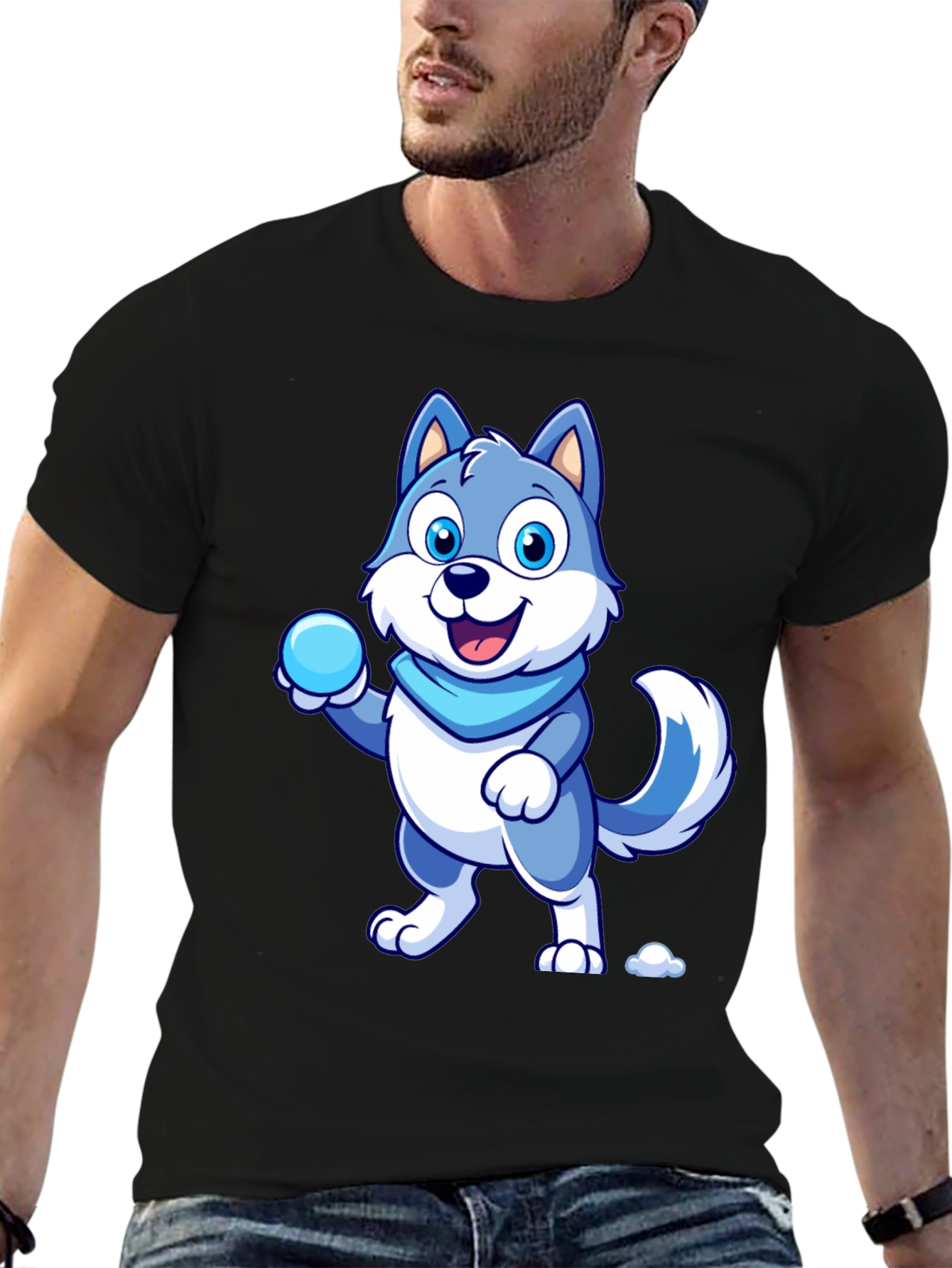 Cartoon Wolf Graphic Tee - Blue & White Design