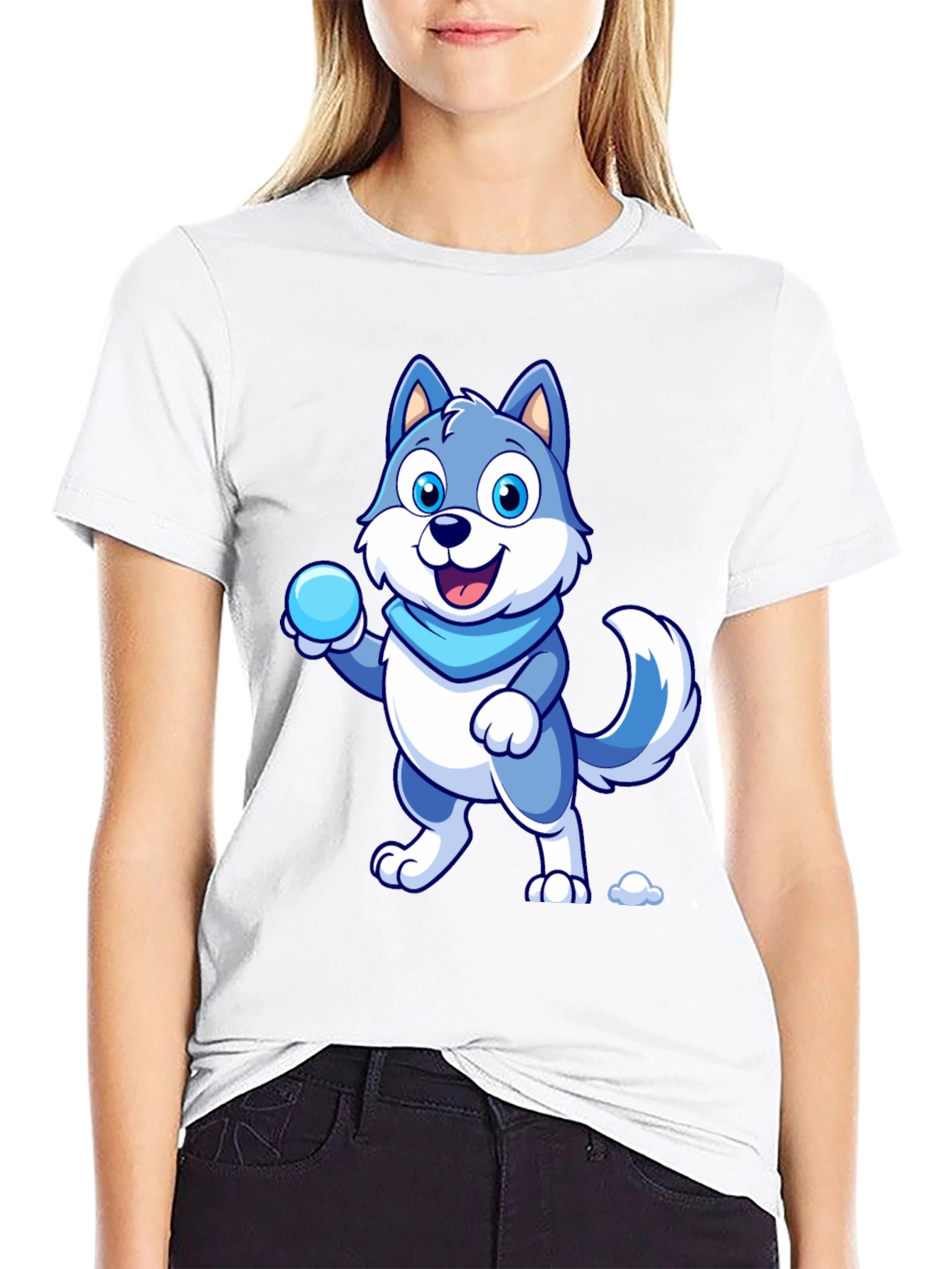 Cartoon Wolf Graphic Tee - Blue & White Design