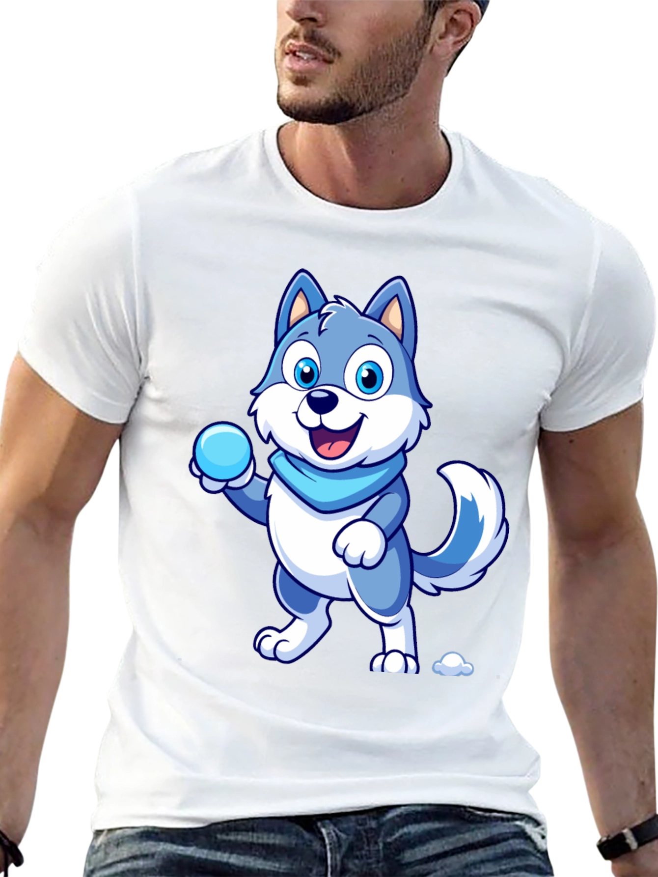 Cartoon Wolf Graphic Tee - Blue & White Design