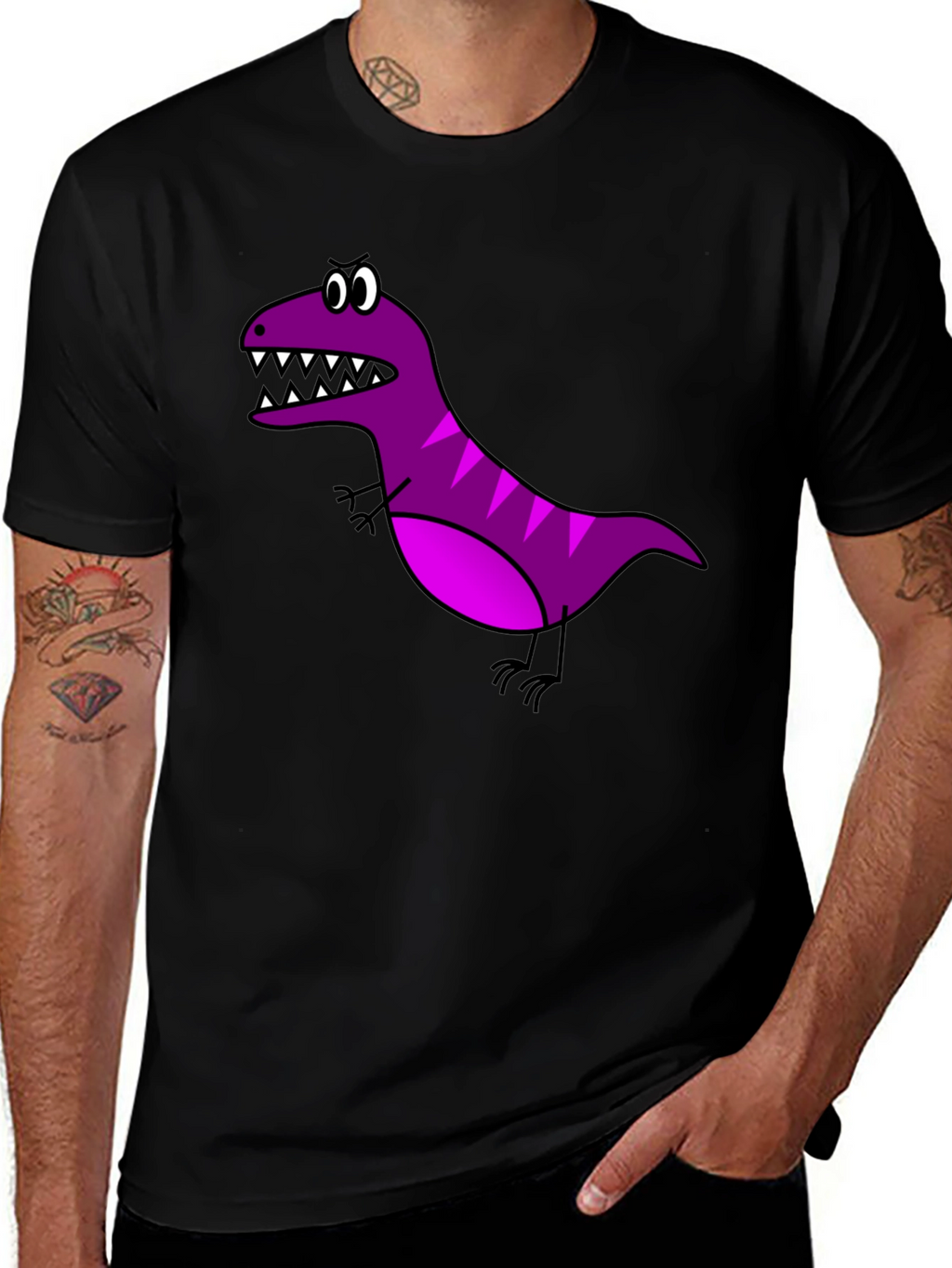 Cartoon Dinosaur Graphic Tee - Black Cotton T-Shirt