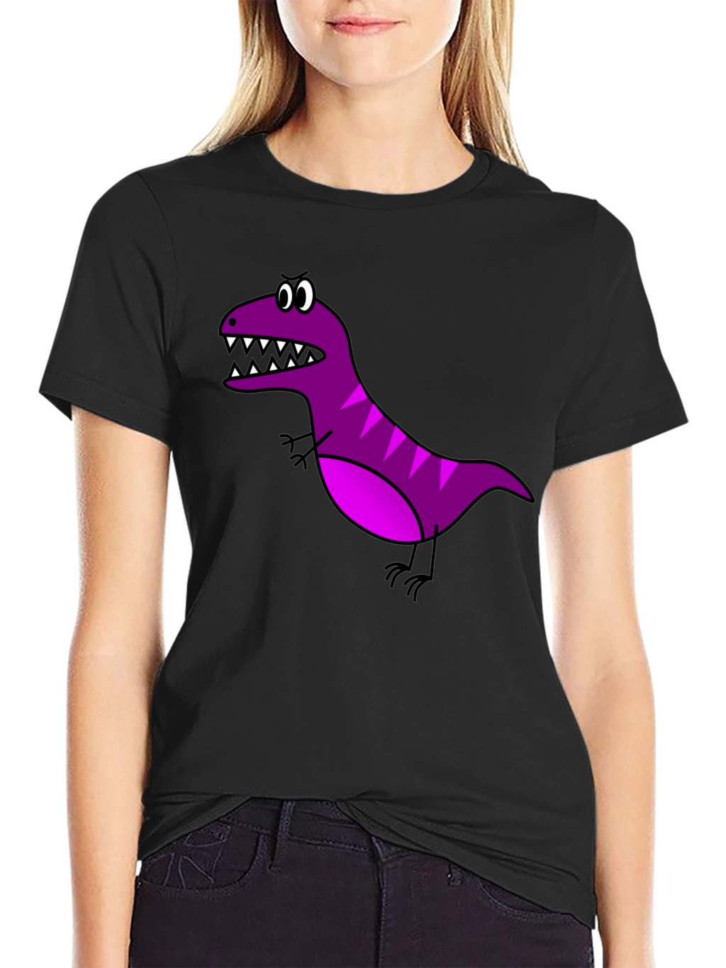 Cartoon Dinosaur Graphic Tee - Black Cotton T-Shirt