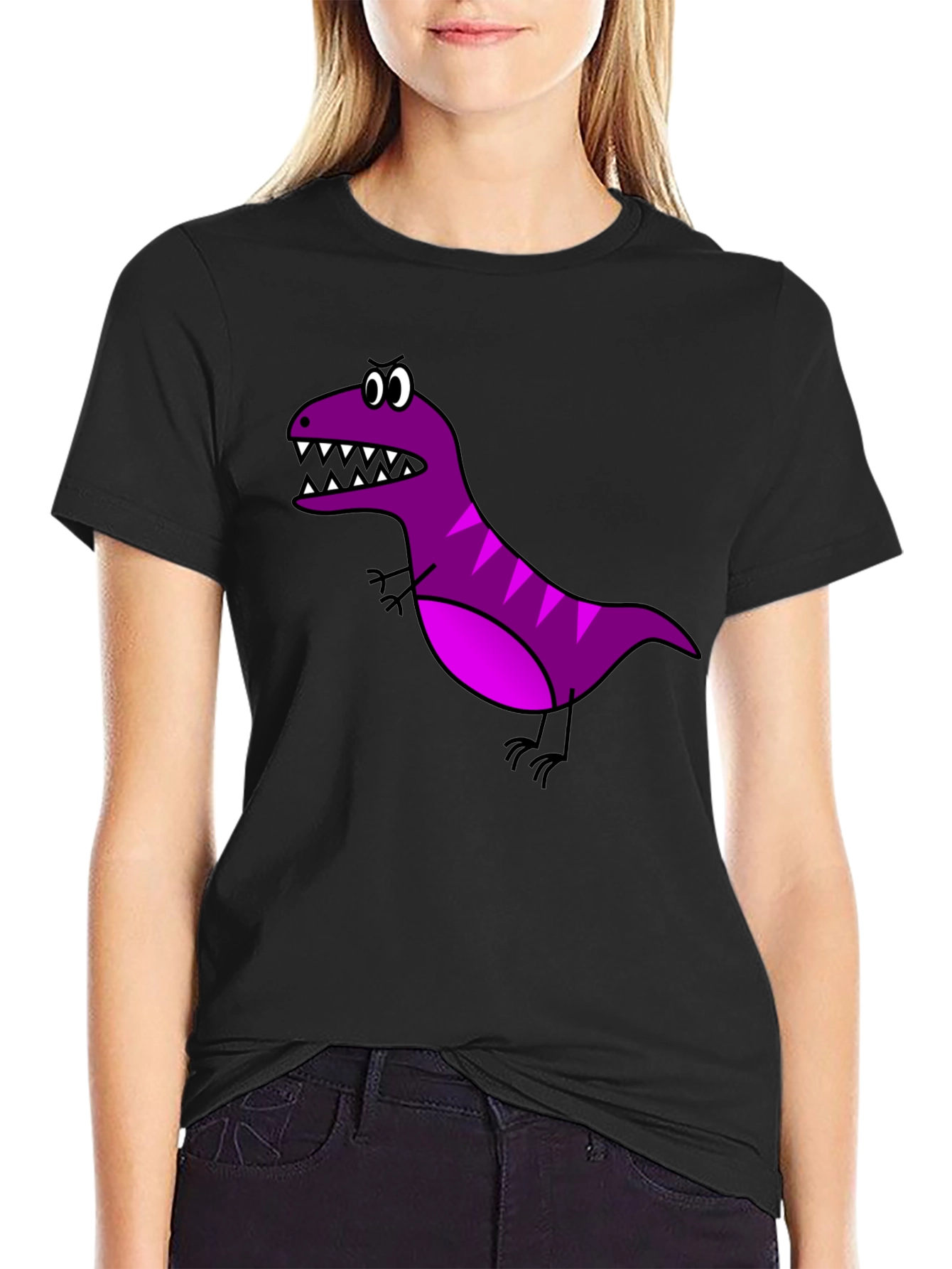 Cartoon Dinosaur Graphic Tee - Black Cotton T-Shirt