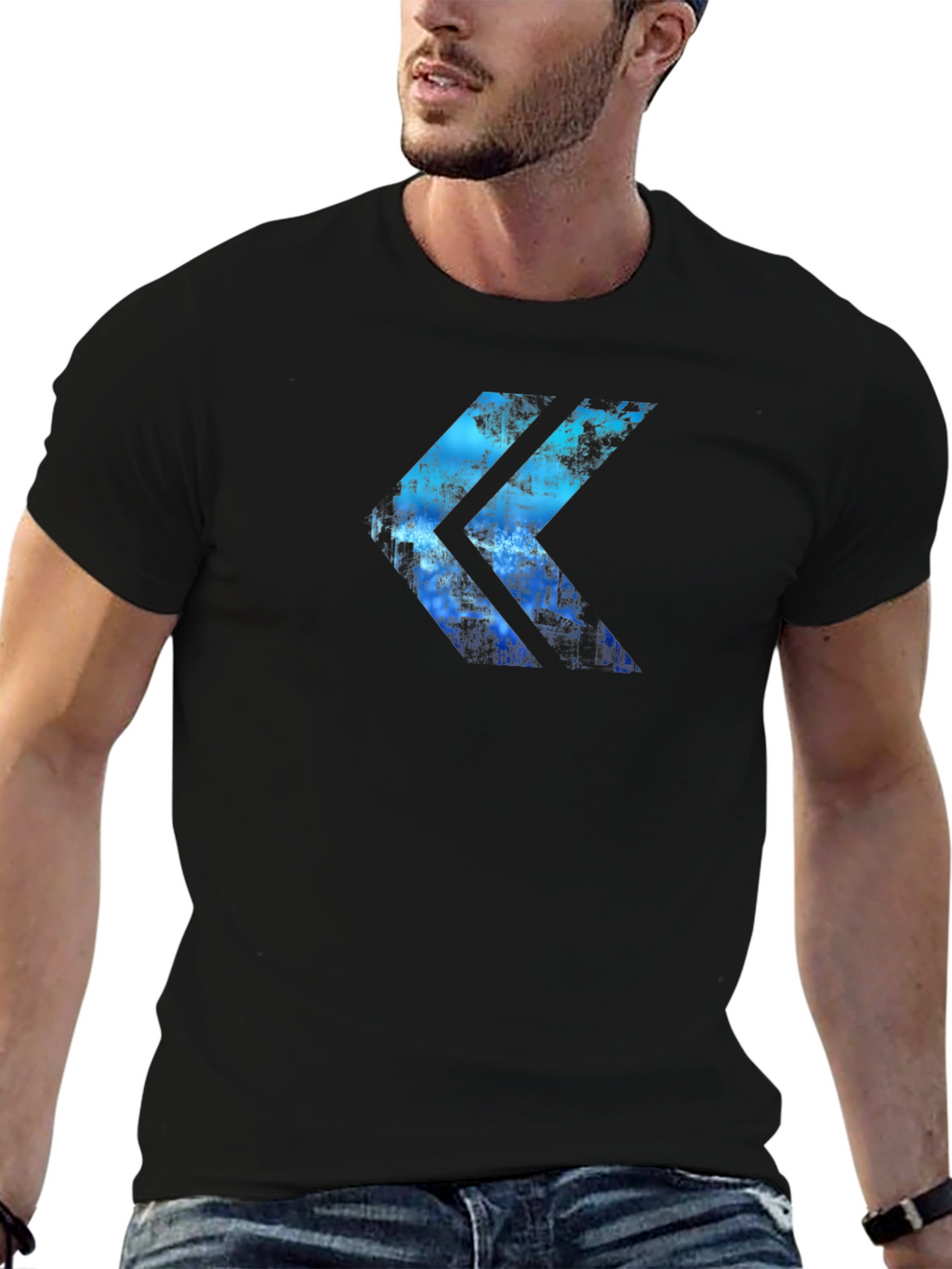 Abstract Blue Arrow Graphic Print Black T-Shirt