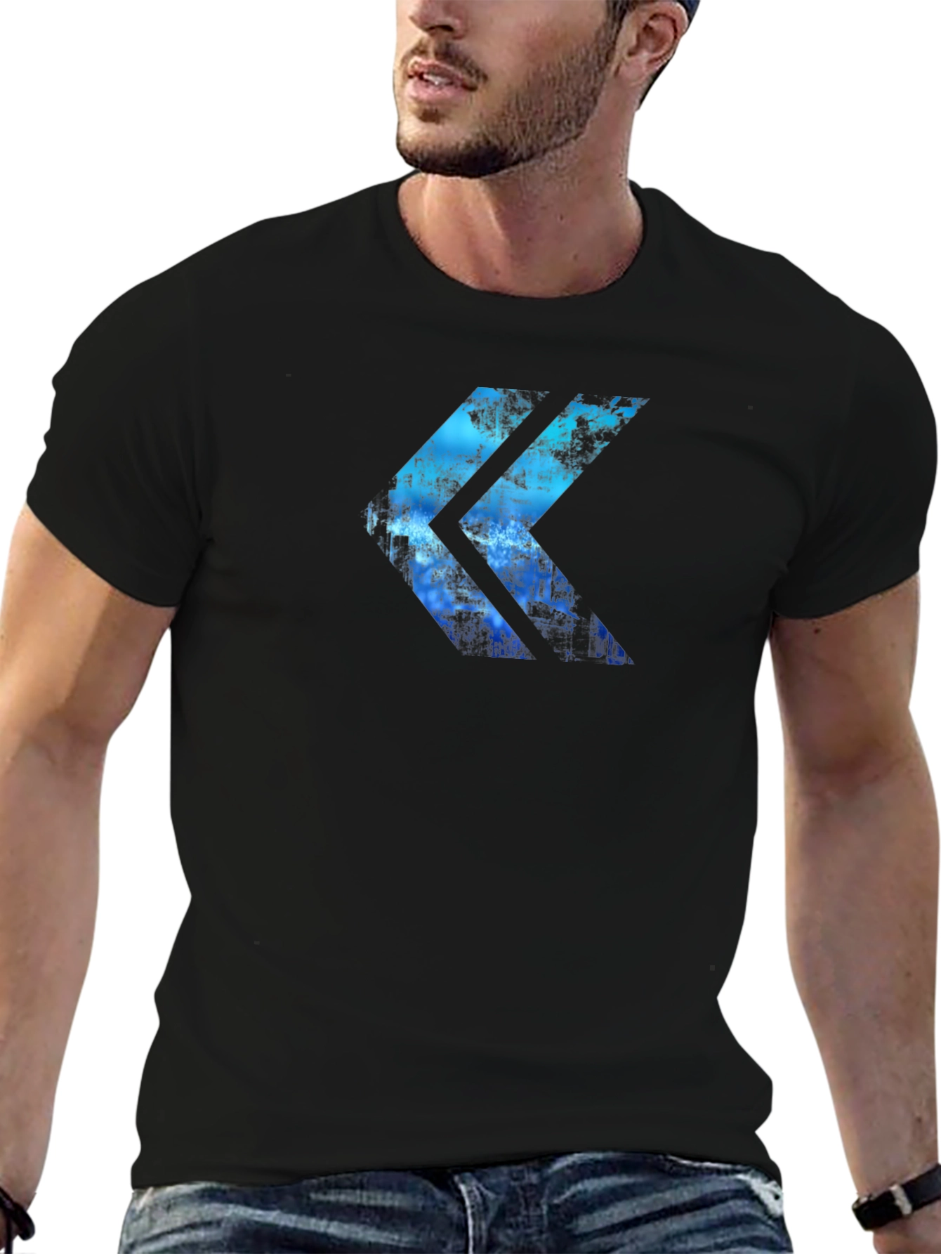 Abstract Blue Arrow Graphic Print Black T-Shirt