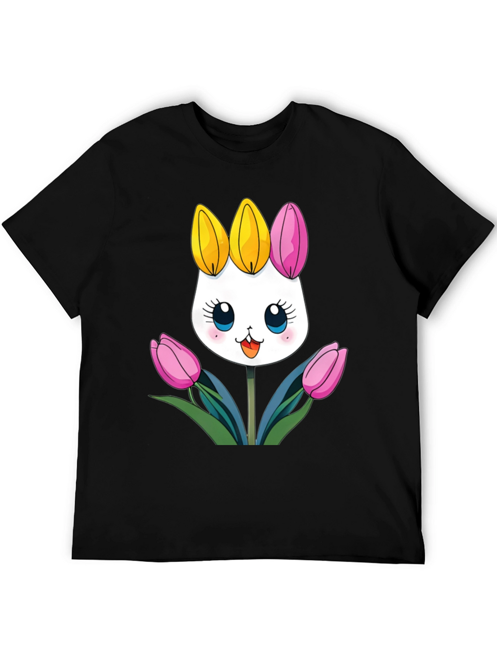 Cute Cartoon Bunny Tulips Black T-Shirt