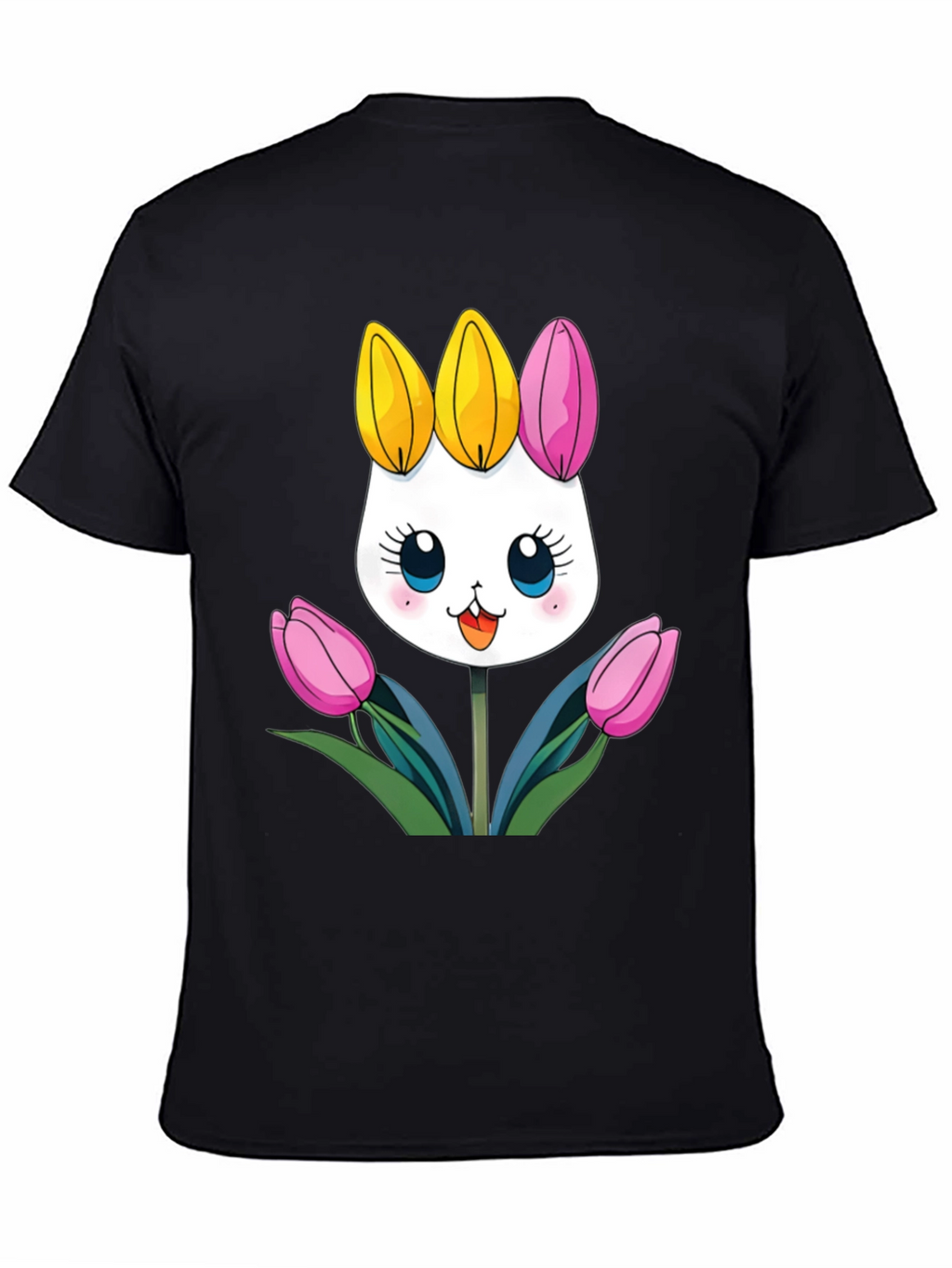 Cute Cartoon Bunny Tulips Black T-Shirt