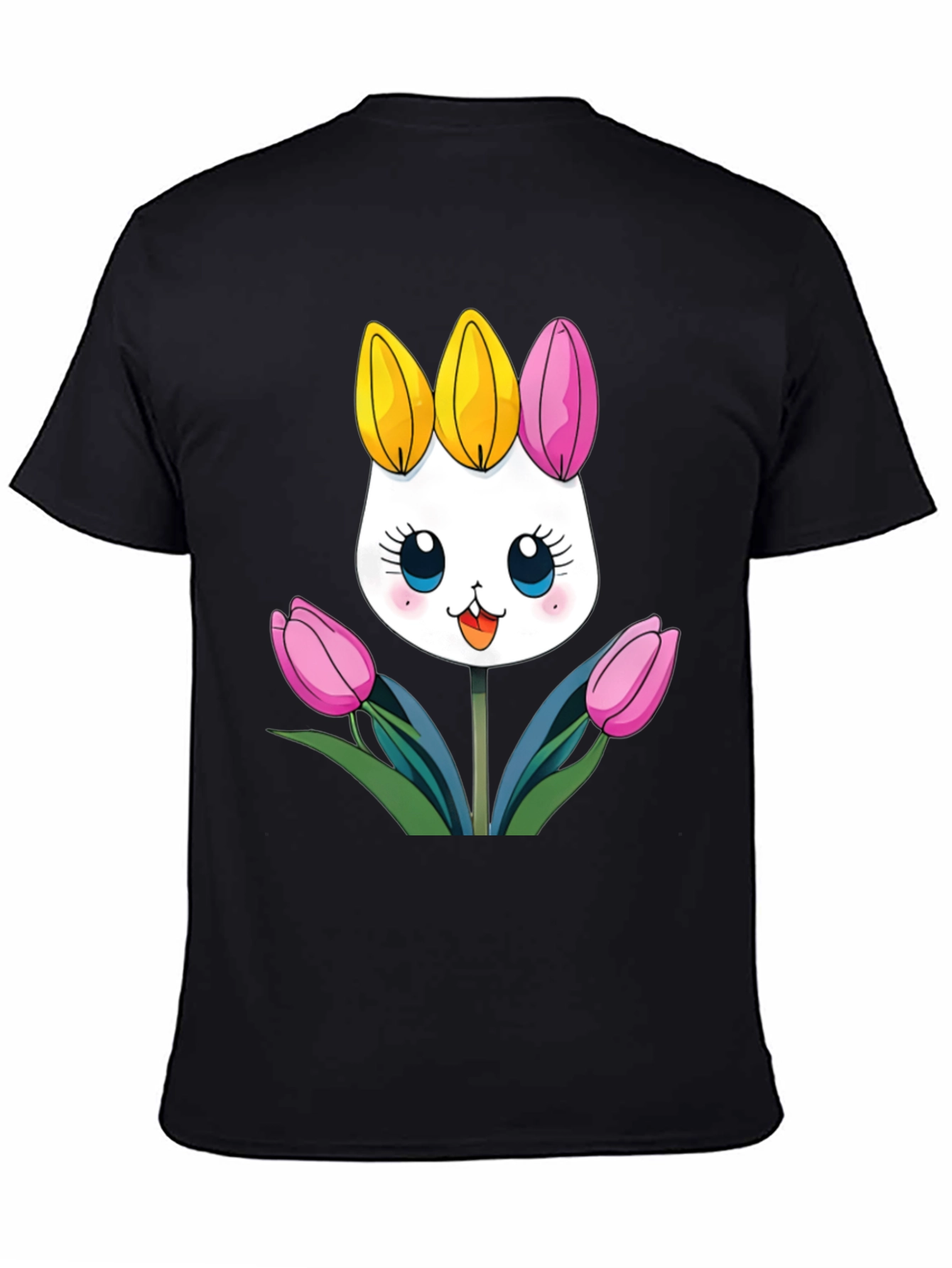 Cute Cartoon Bunny Tulips Black T-Shirt