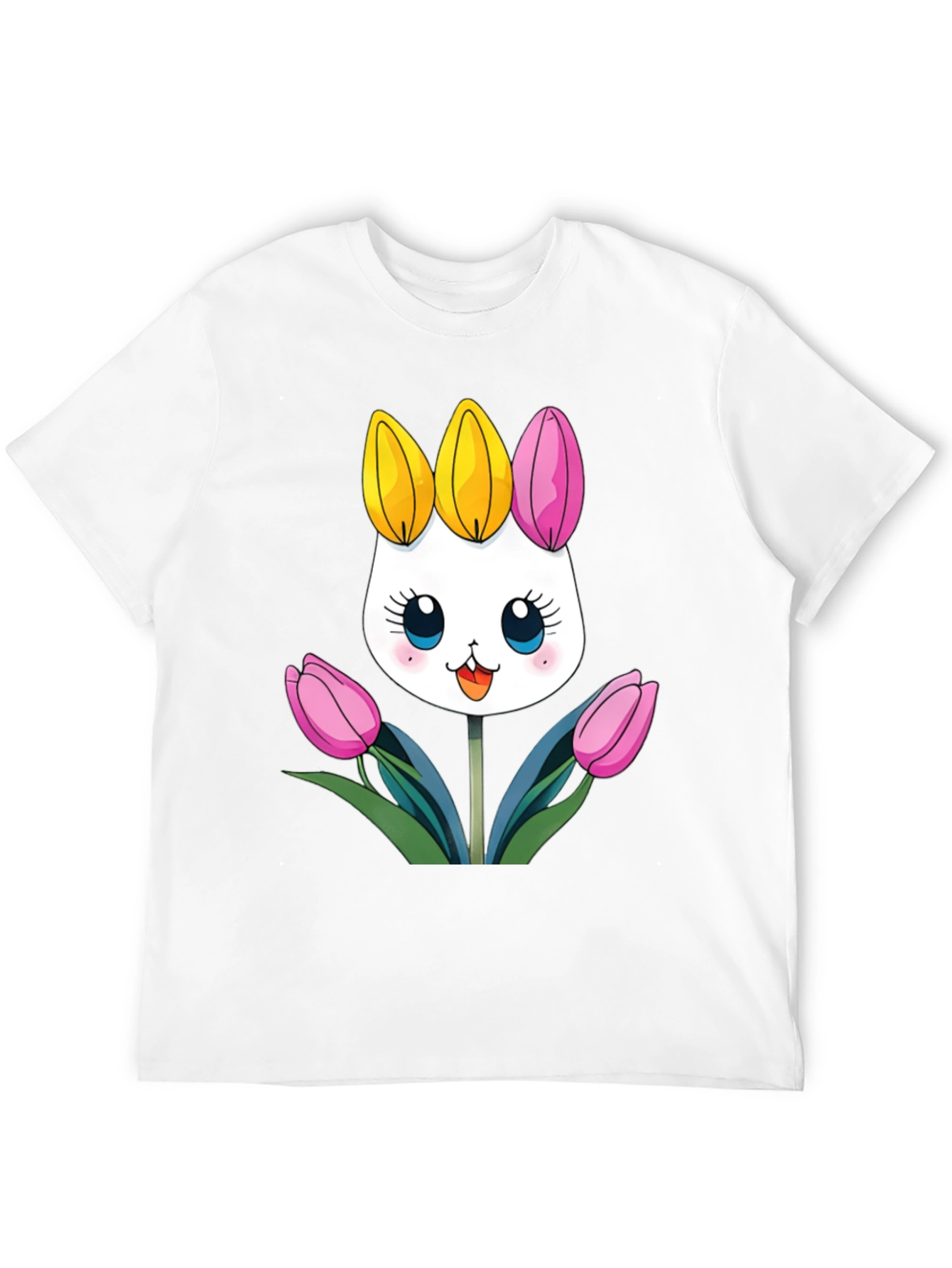 Cute Cartoon Bunny Tulips Black T-Shirt