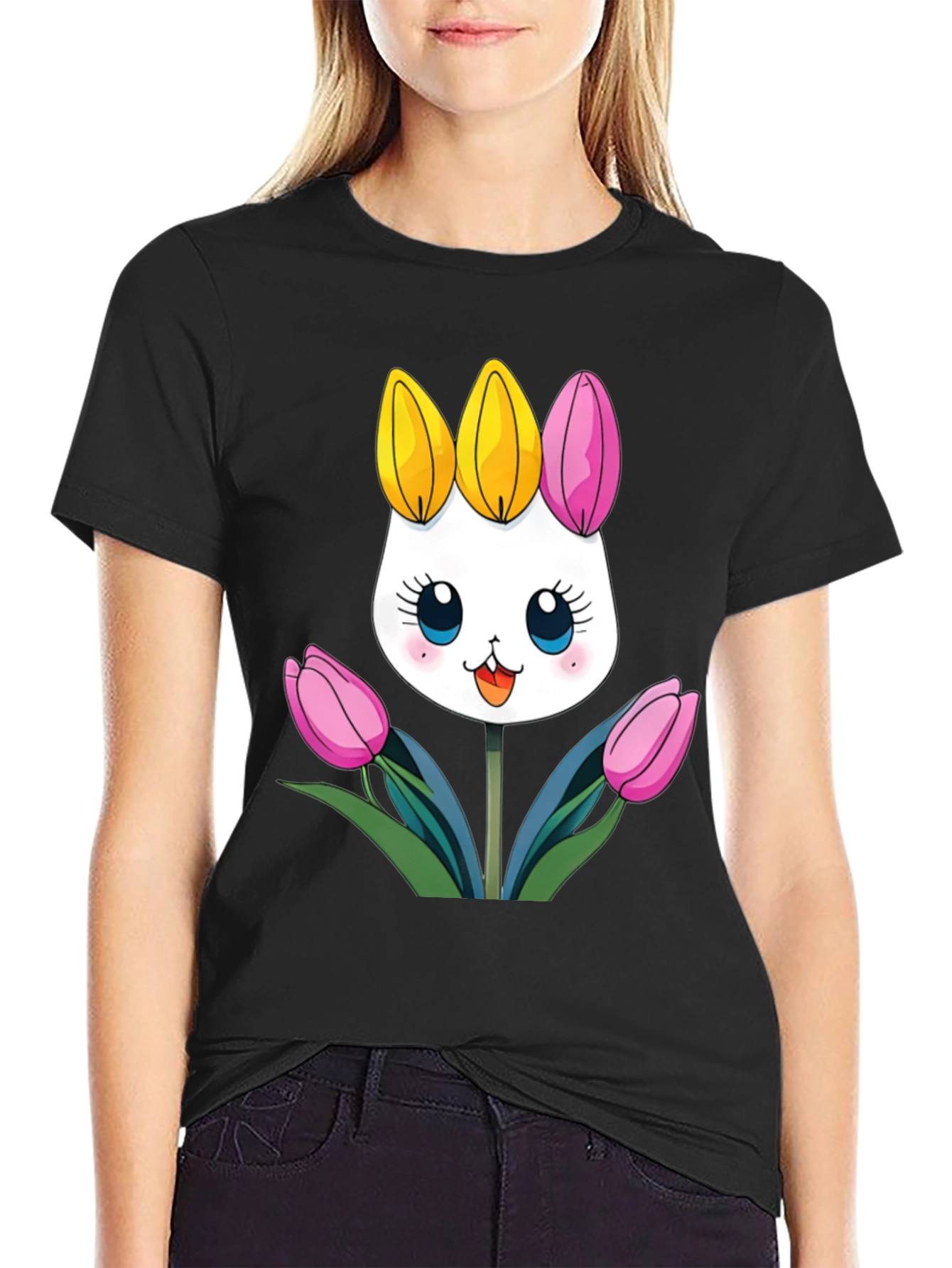 Cute Cartoon Bunny Tulips Black T-Shirt