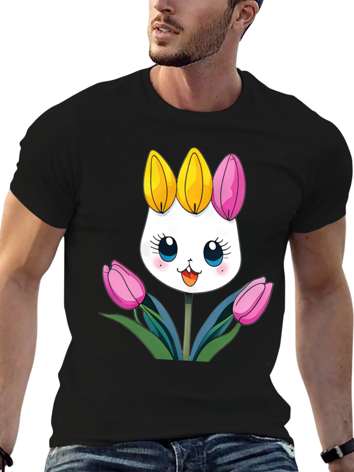 Cute Cartoon Bunny Tulips Black T-Shirt