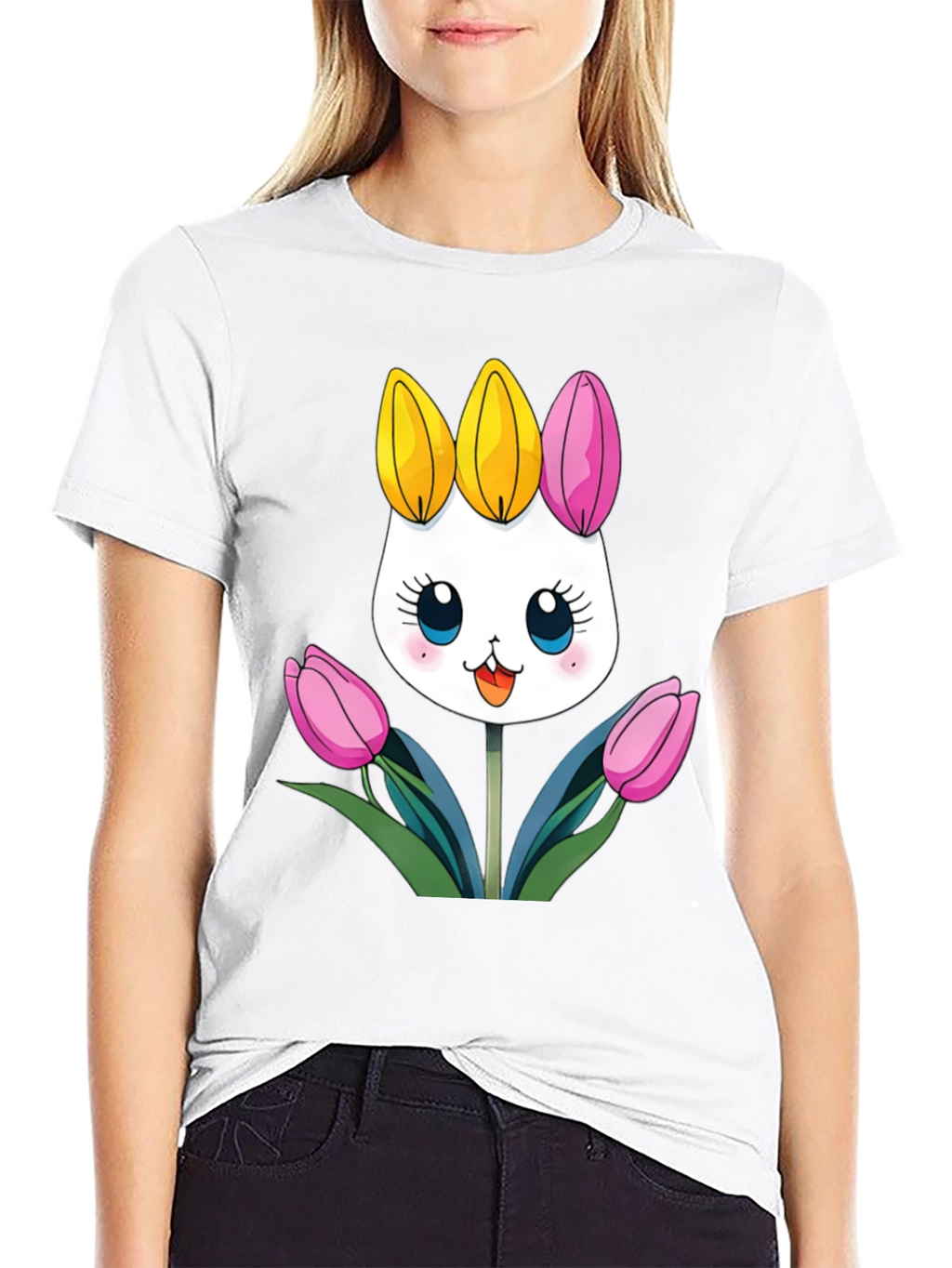 Cute Cartoon Bunny Tulips Black T-Shirt