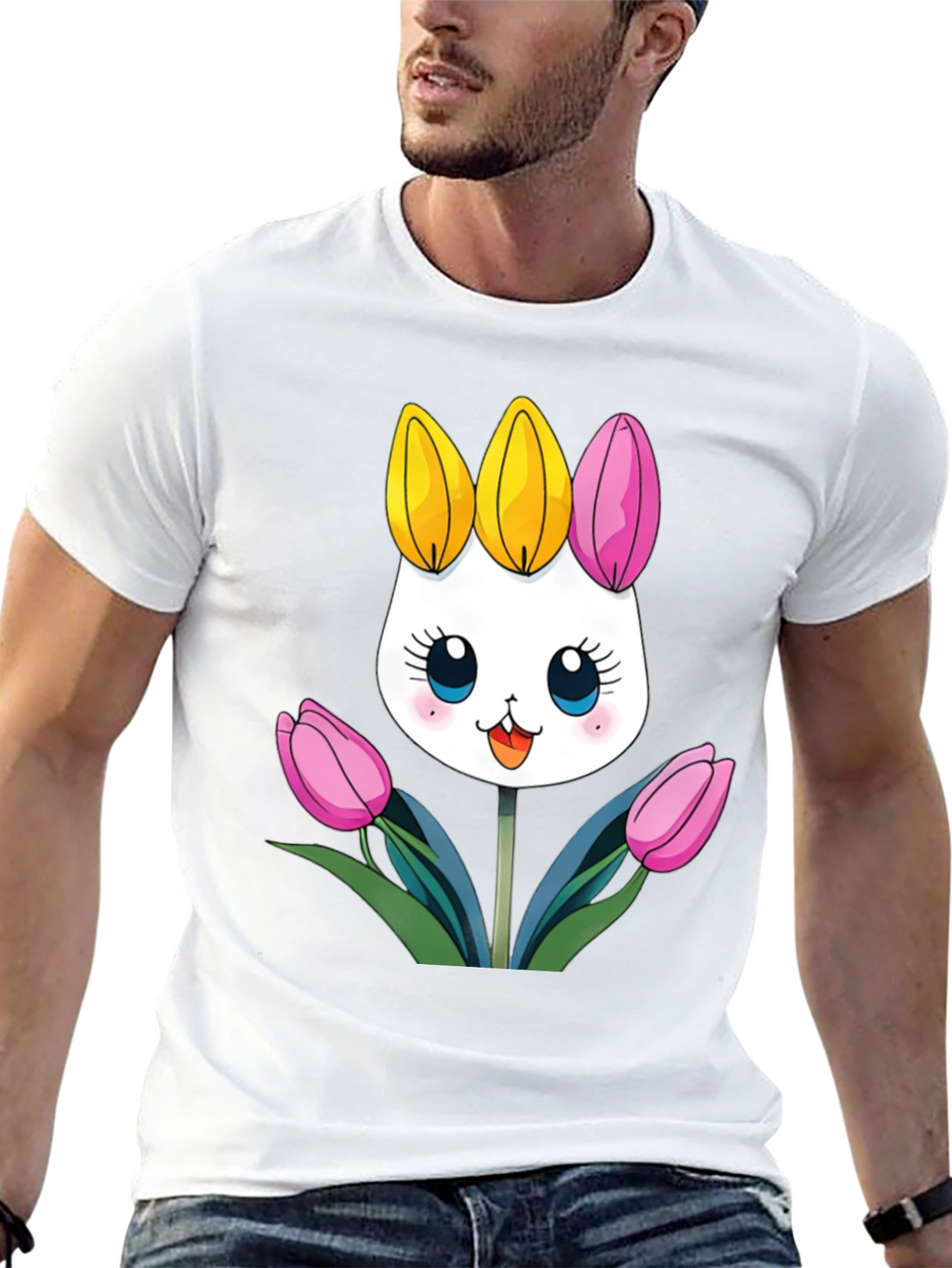 Cute Cartoon Bunny Tulips Black T-Shirt