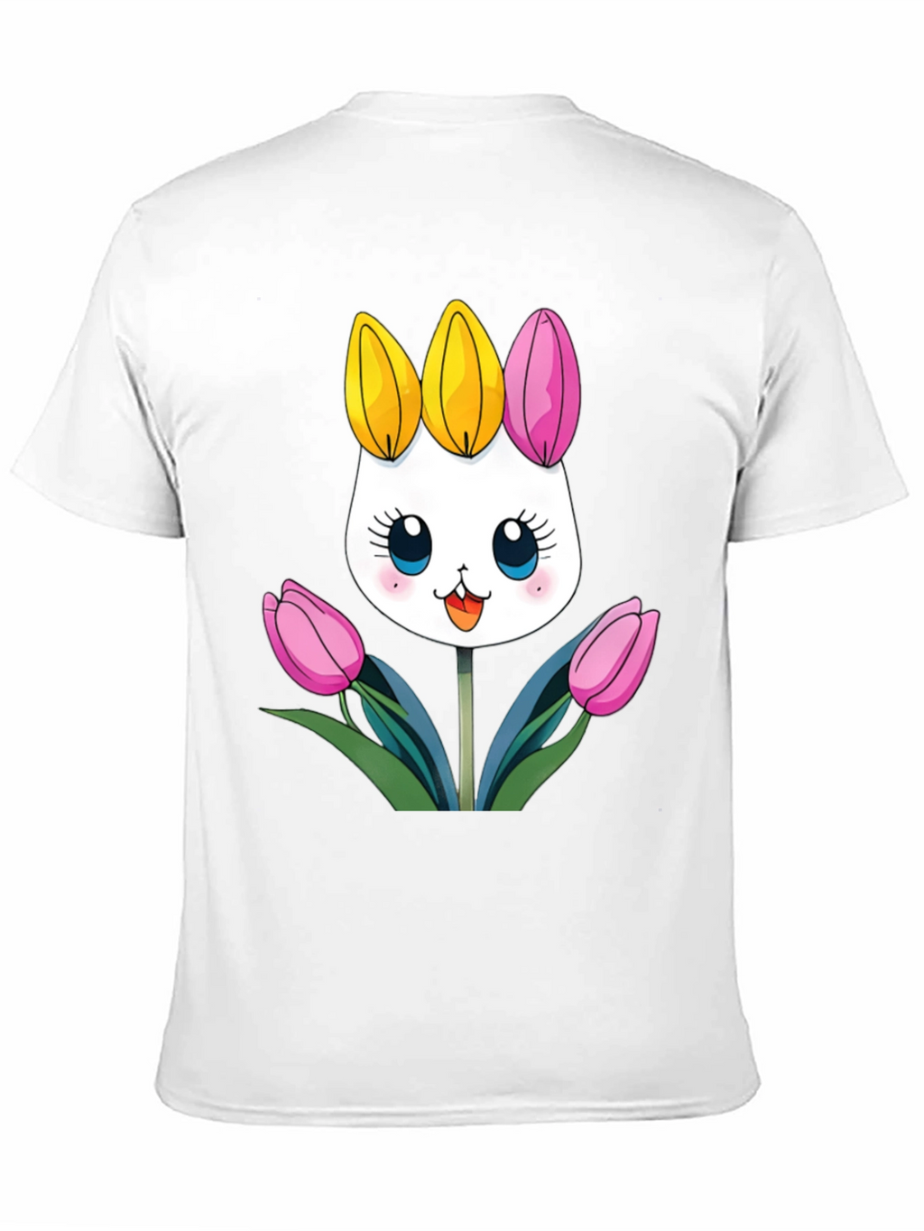 Cute Cartoon Bunny Tulips Black T-Shirt