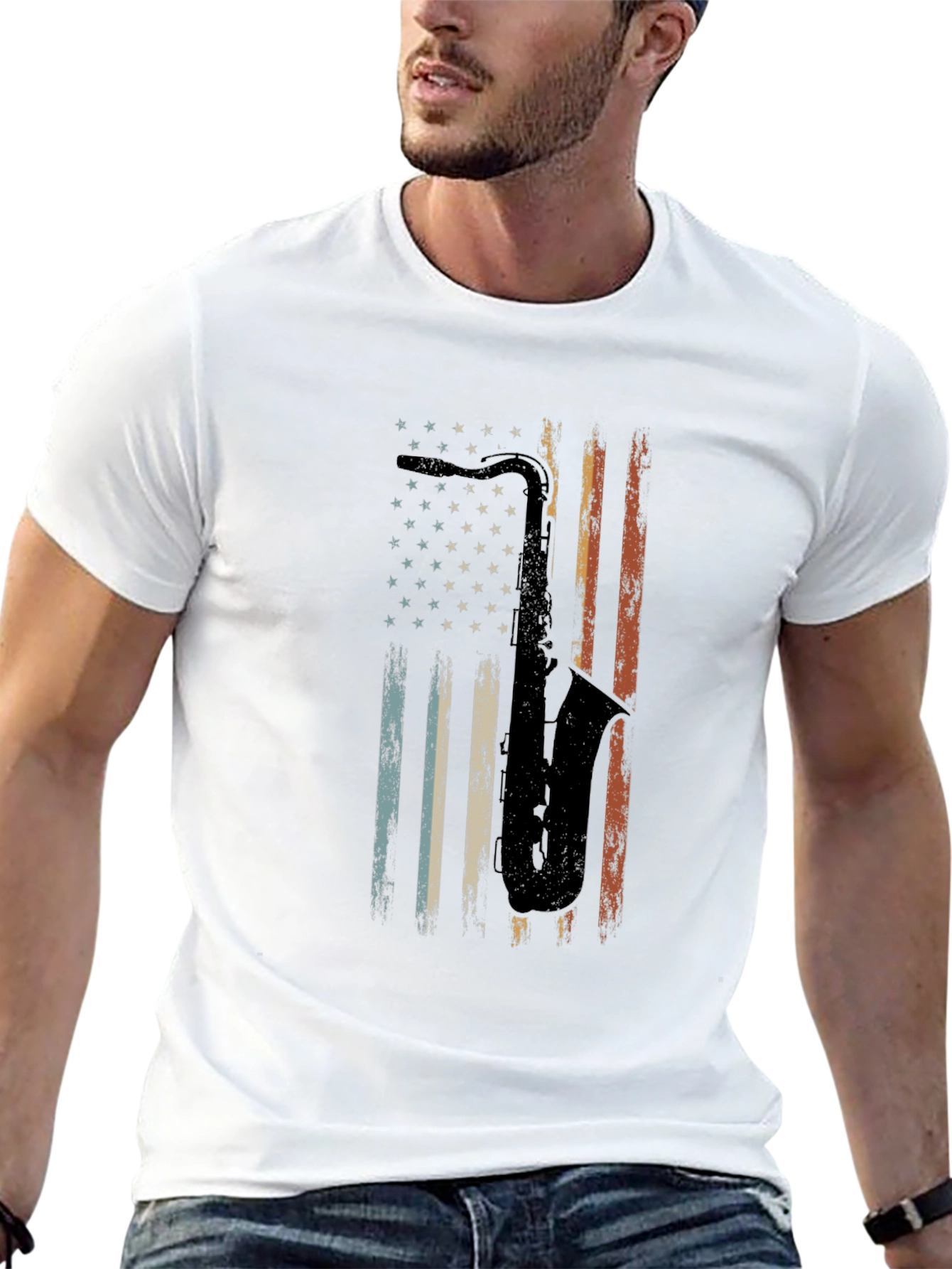 Saxophone American Flag Graphic Tee - Black Cotton T-Shirt
