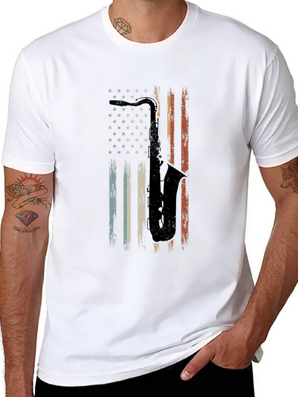 Saxophone American Flag Graphic Tee - Black Cotton T-Shirt