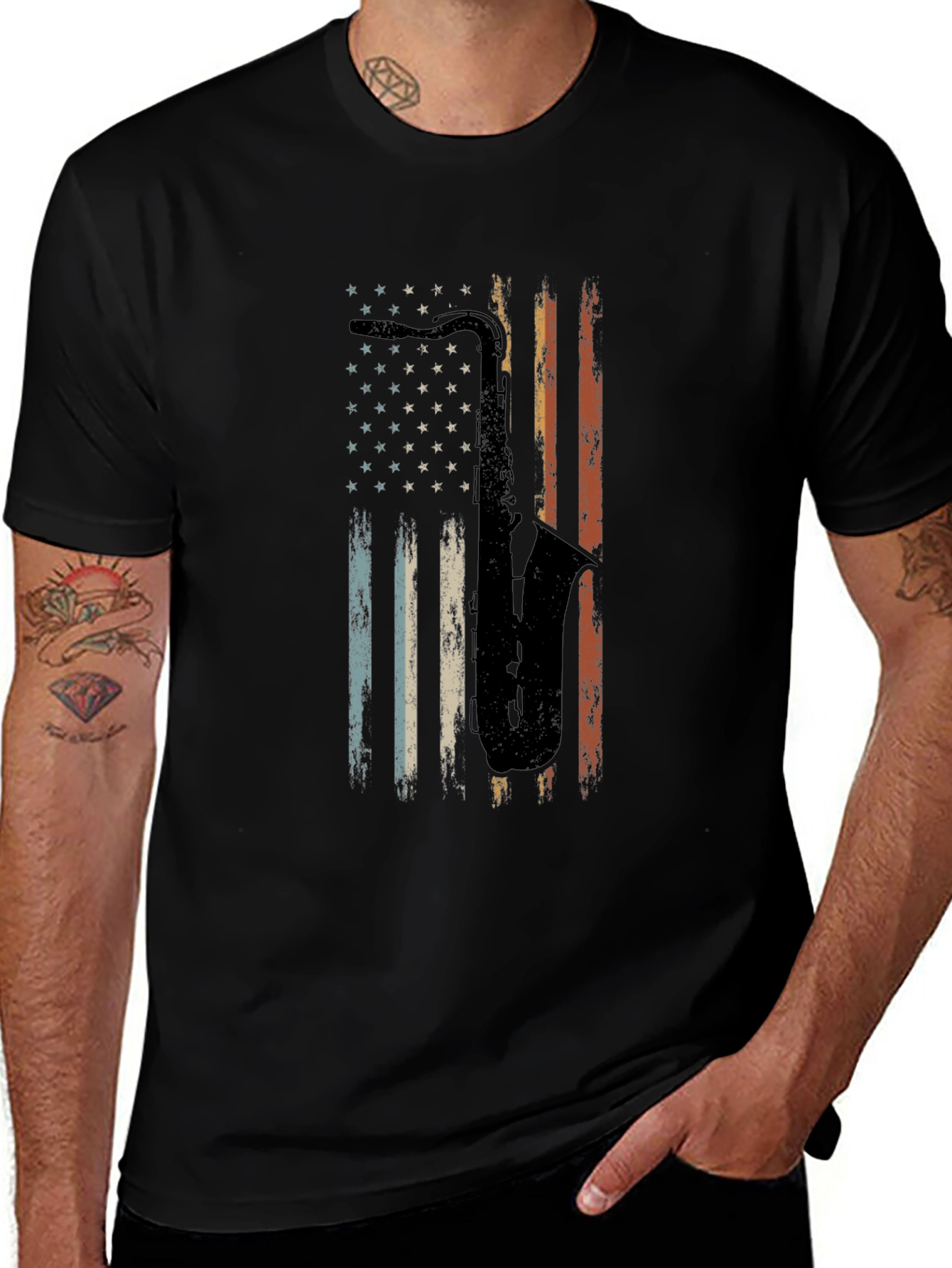 Saxophone American Flag Graphic Tee - Black Cotton T-Shirt