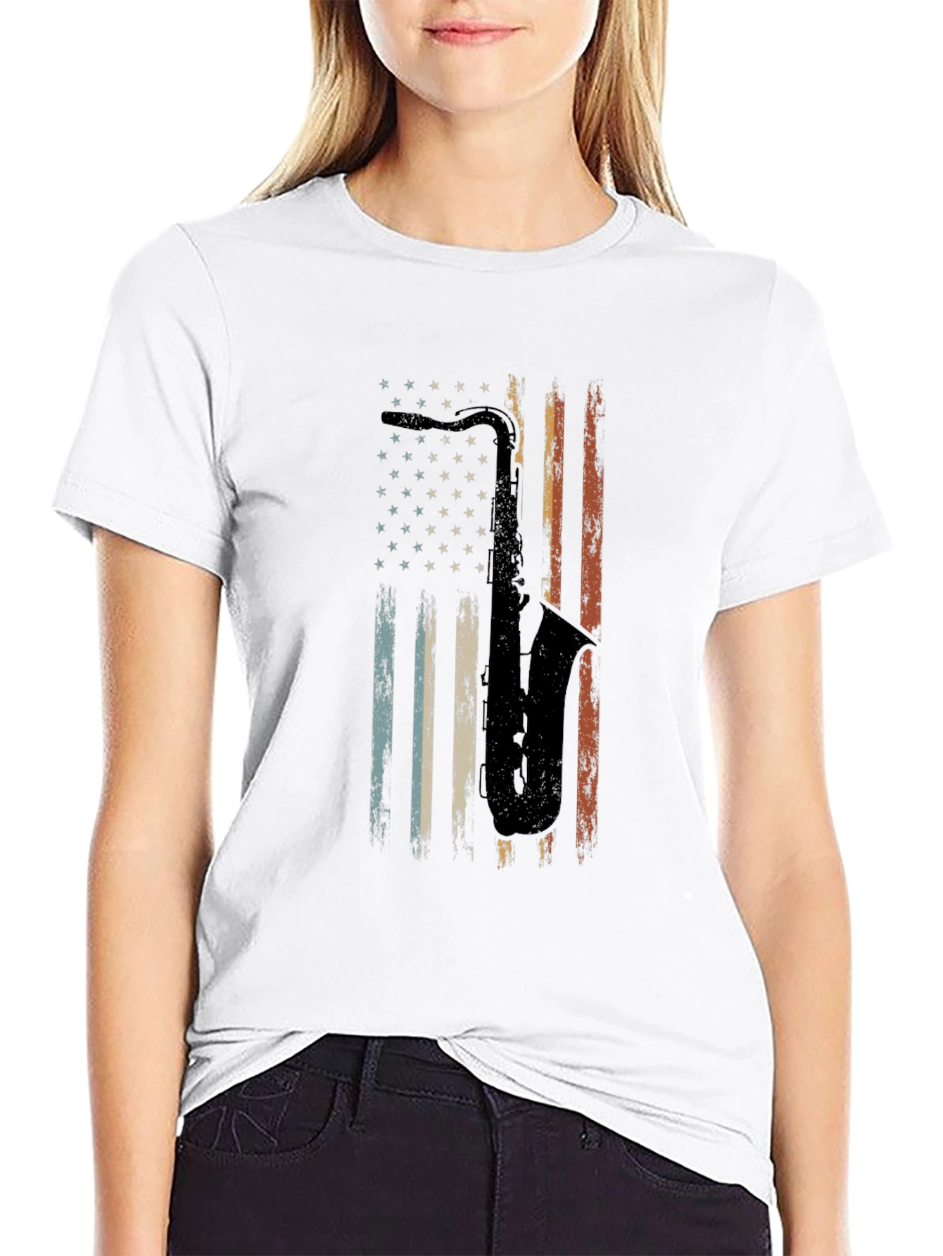 Saxophone American Flag Graphic Tee - Black Cotton T-Shirt