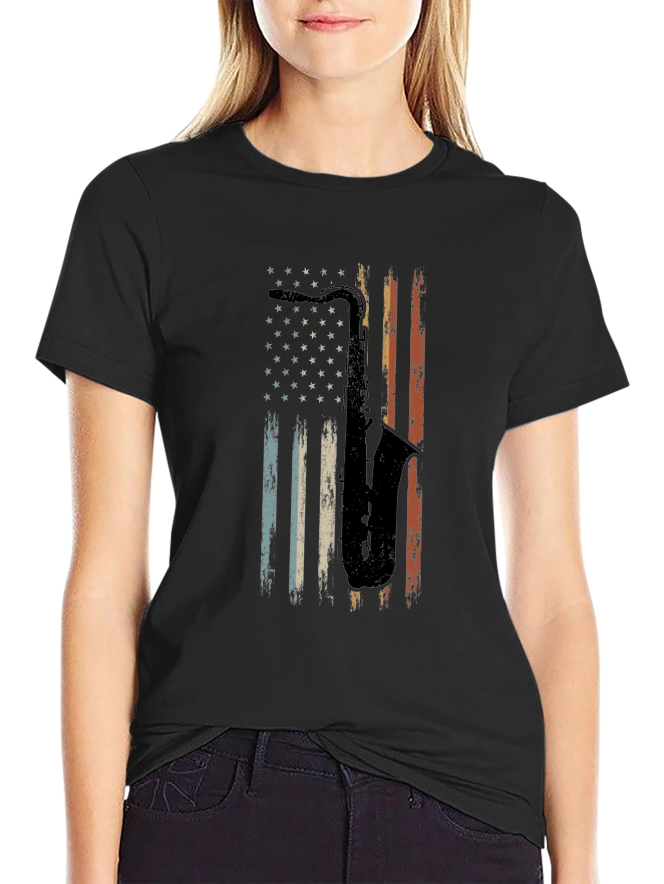 Saxophone American Flag Graphic Tee - Black Cotton T-Shirt