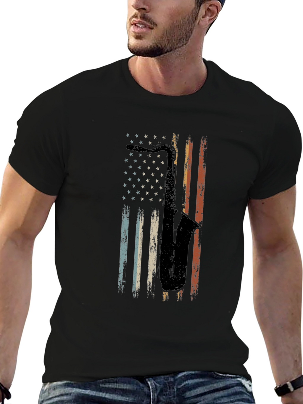 Saxophone American Flag Graphic Tee - Black Cotton T-Shirt