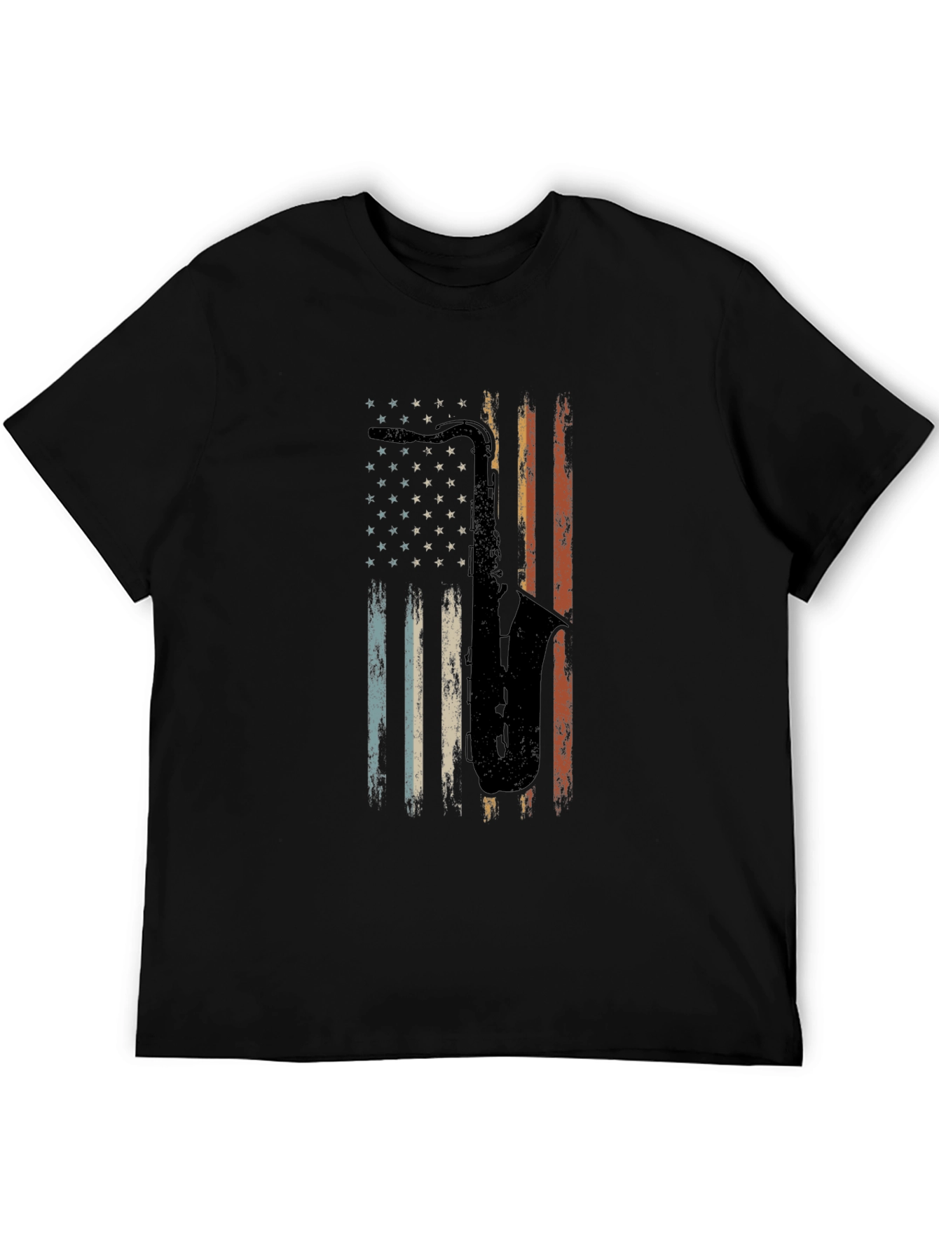 Saxophone American Flag Graphic Tee - Black Cotton T-Shirt