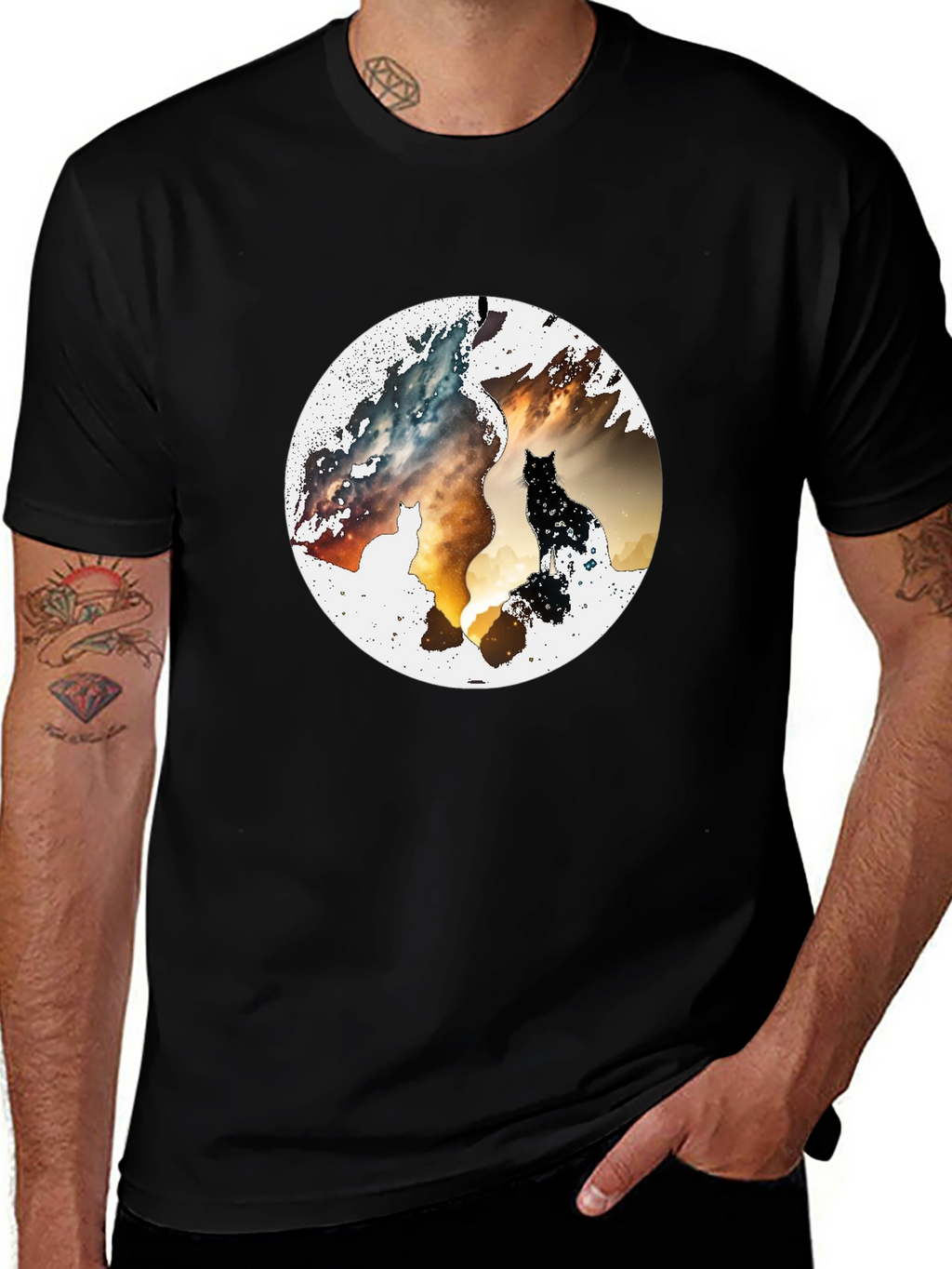 Abstract Cat Graphic Print Black T-Shirt