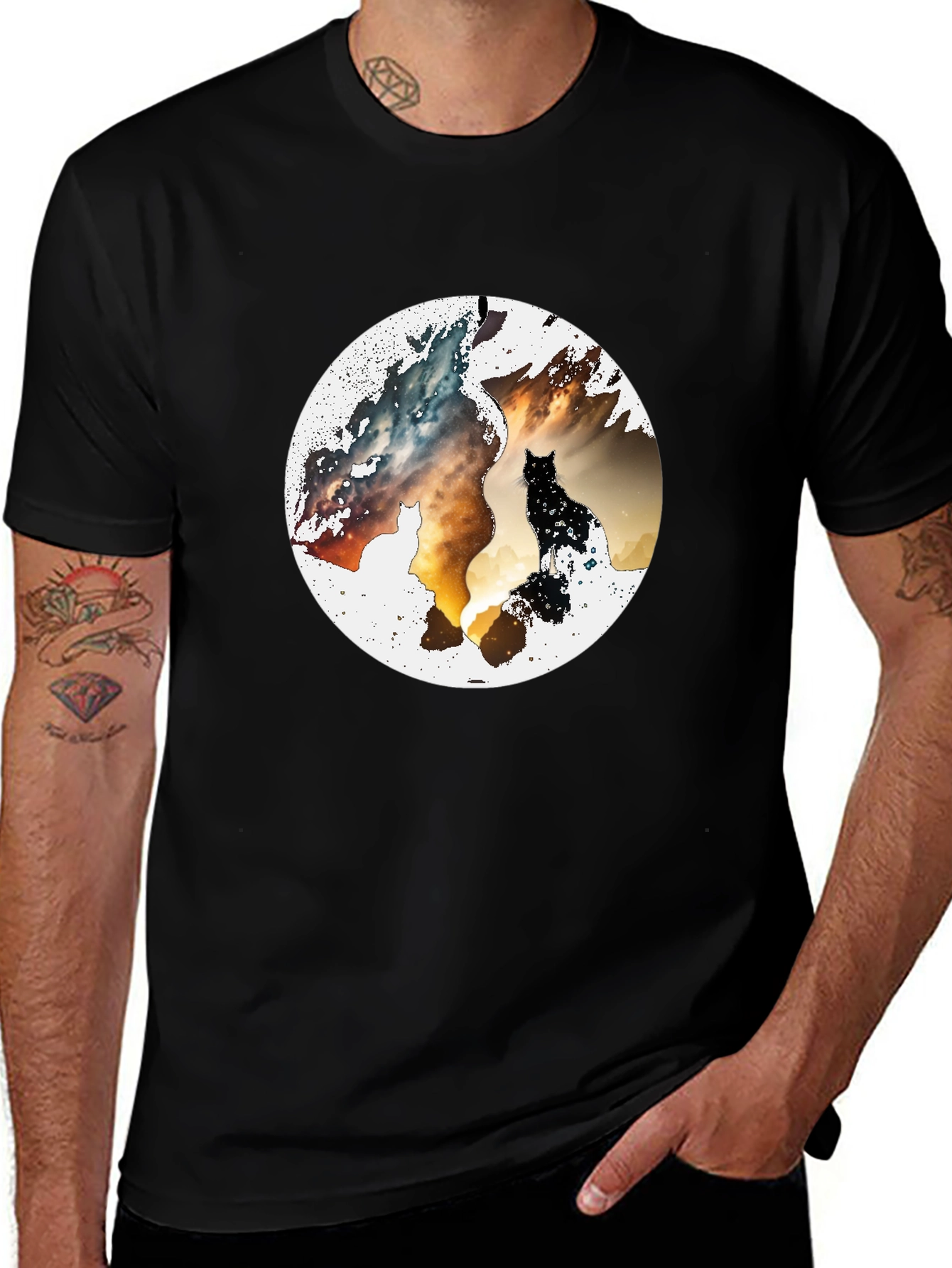 Abstract Cat Graphic Print Black T-Shirt