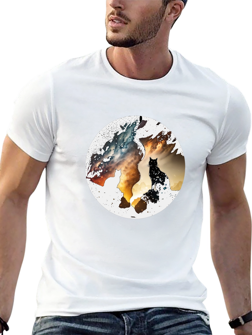 Abstract Cat Graphic Print Black T-Shirt