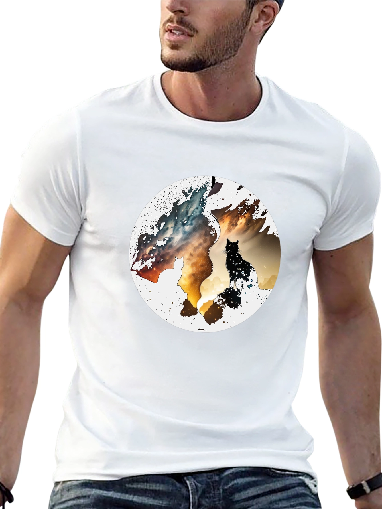 Abstract Cat Graphic Print Black T-Shirt