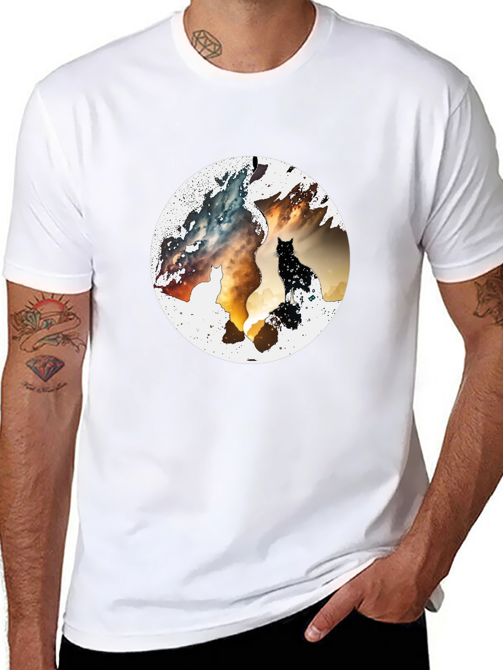 Abstract Cat Graphic Print Black T-Shirt