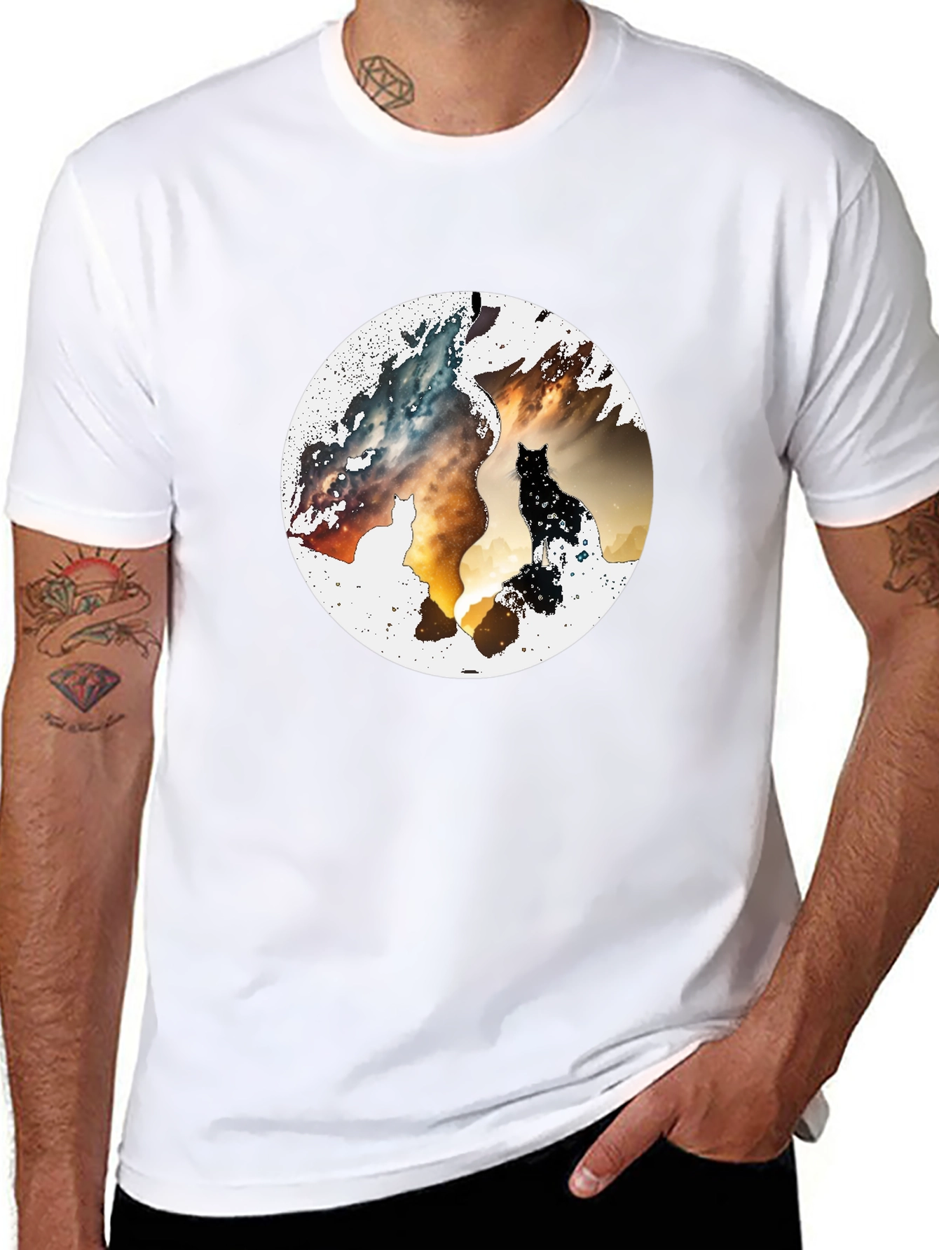 Abstract Cat Graphic Print Black T-Shirt