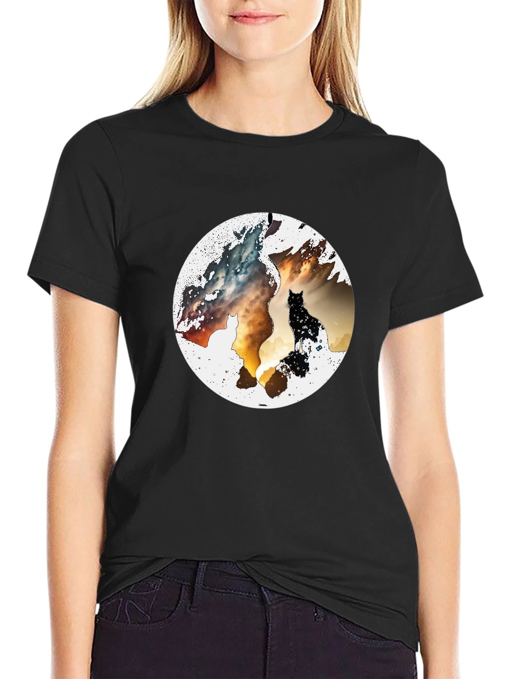 Abstract Cat Graphic Print Black T-Shirt
