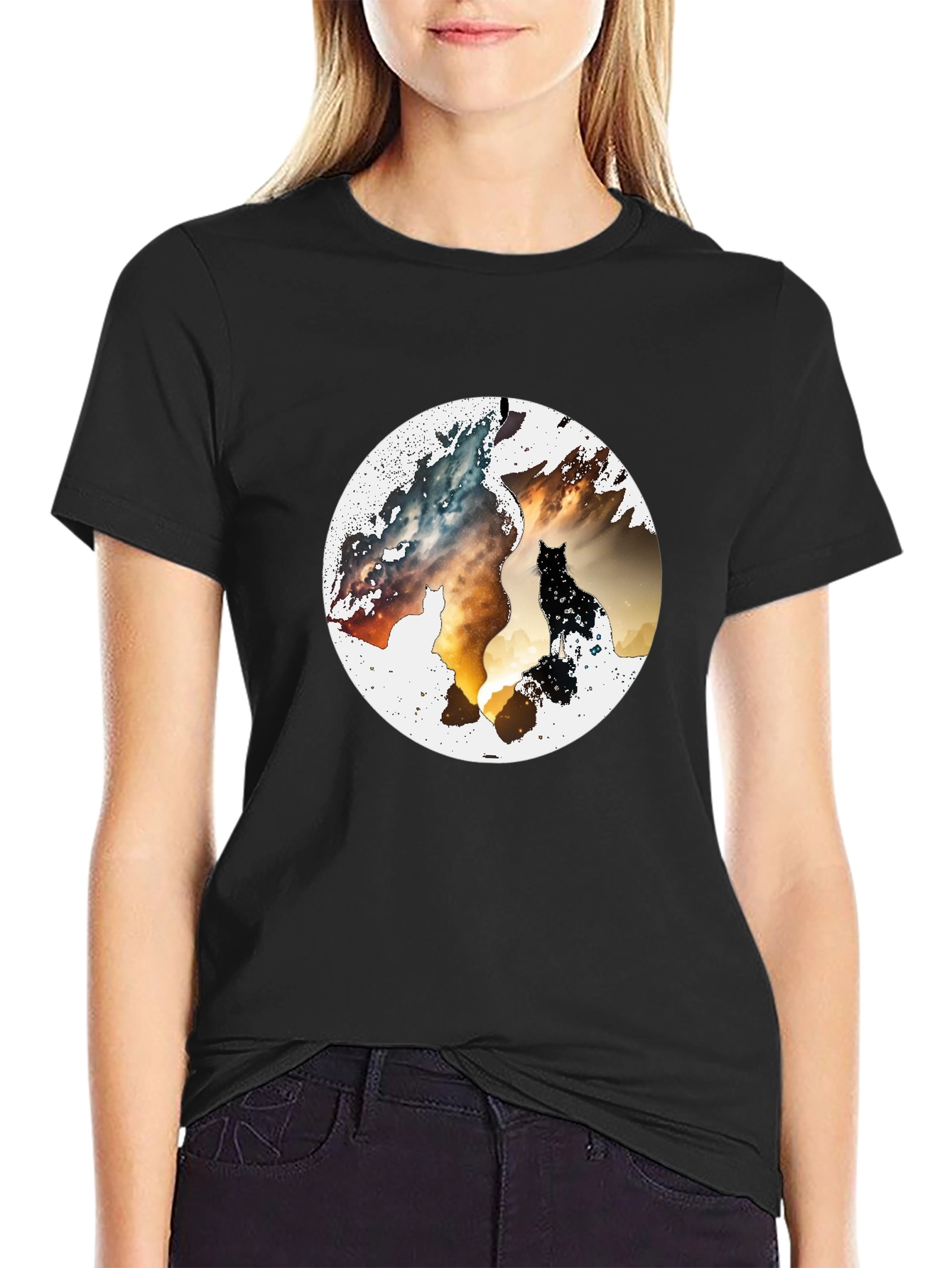 Abstract Cat Graphic Print Black T-Shirt