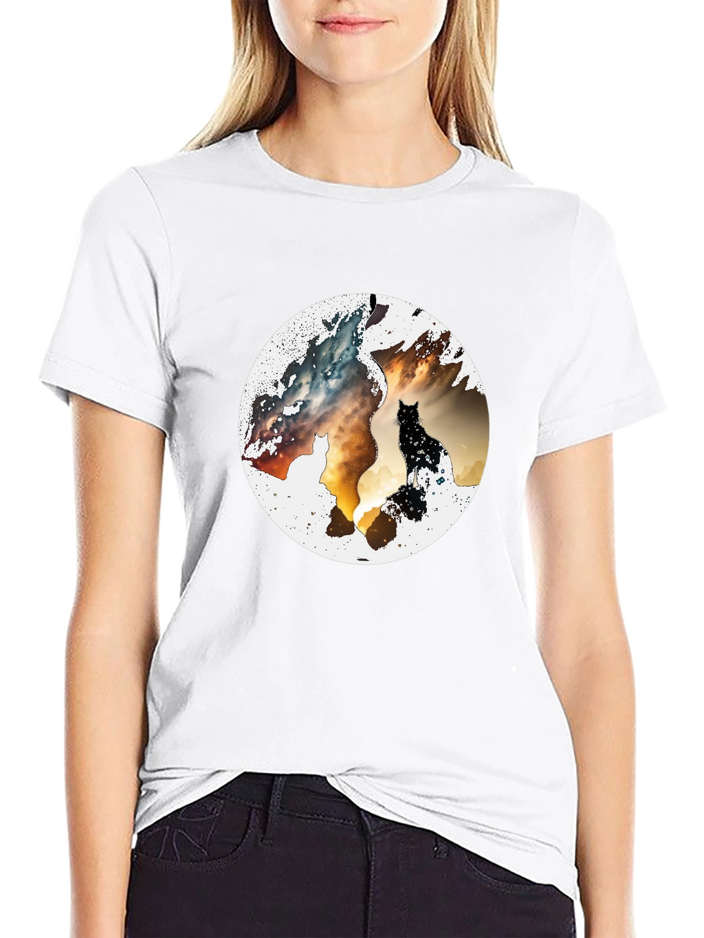 Abstract Cat Graphic Print Black T-Shirt